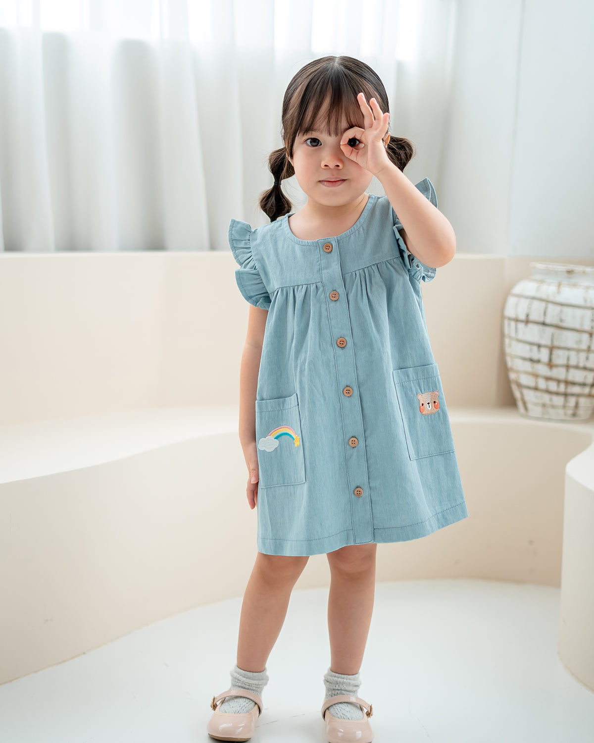 LEBEAR DENIM RUFFLE RAINBOW DRESS