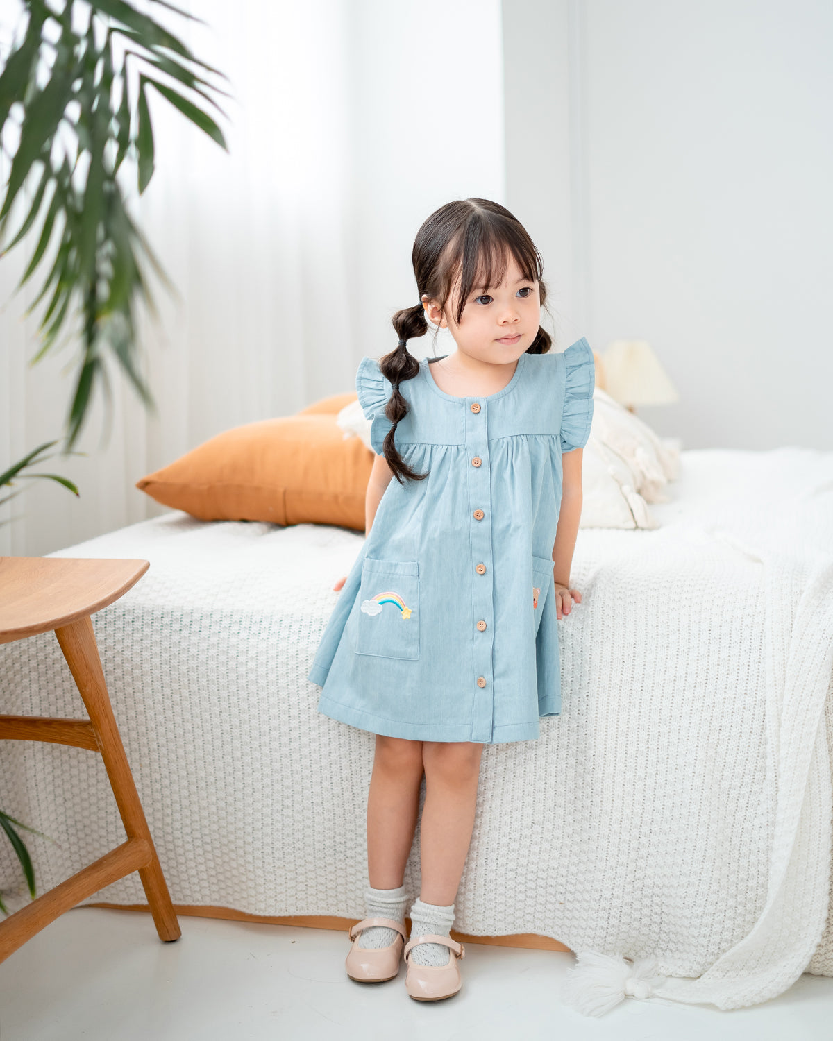 LEBEAR DENIM RUFFLE RAINBOW DRESS