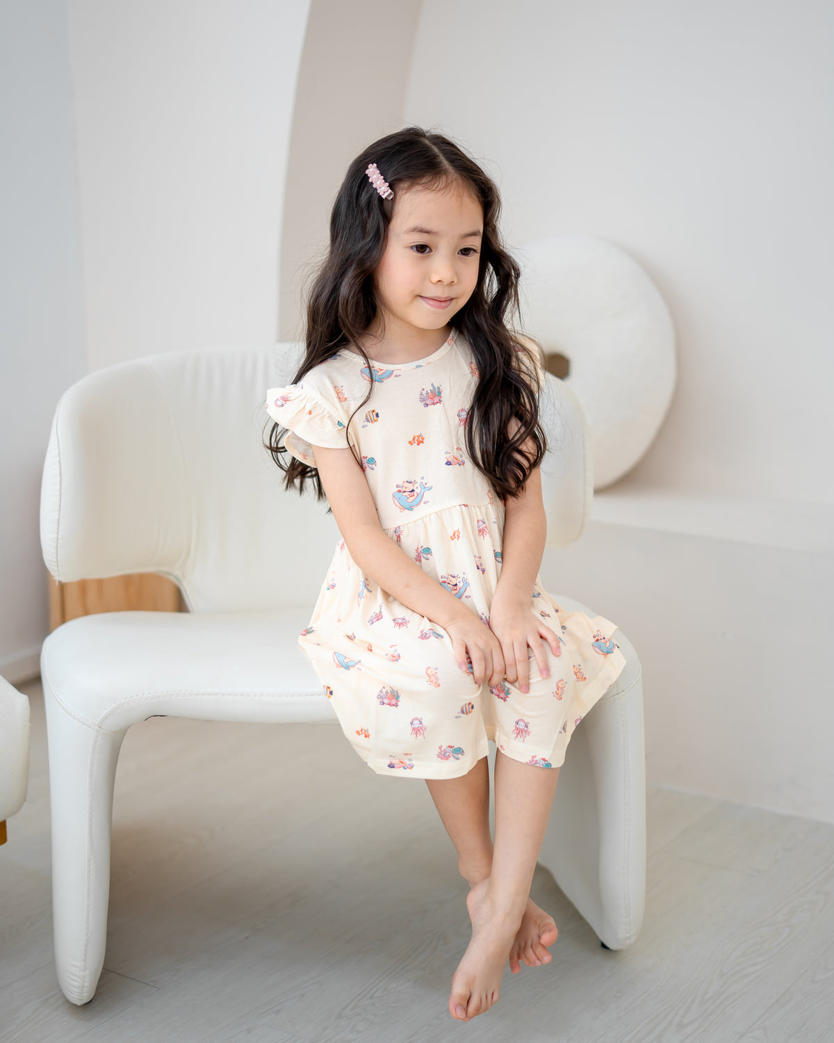 OCEAN DREAMS KIDS TENCEL™ RUFFLE DRESS IN SEASHELL SAND