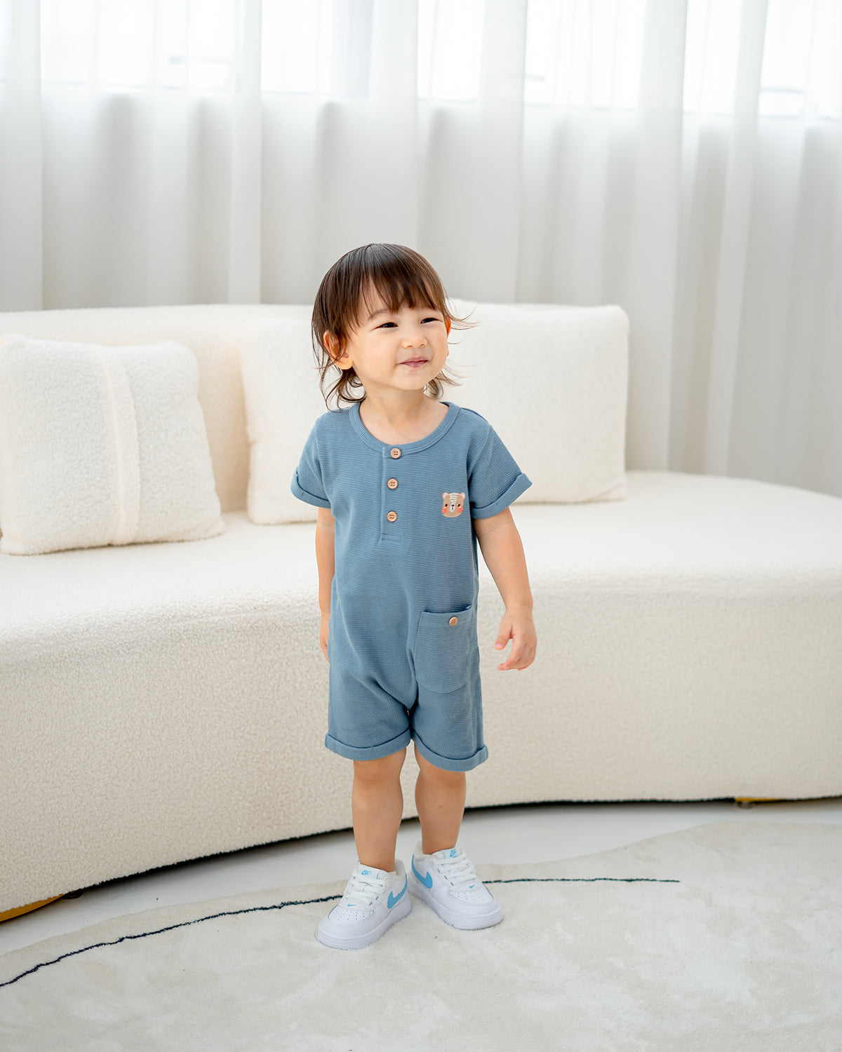 HELLO WAFFLE ONESIE IN STEEL BLUE