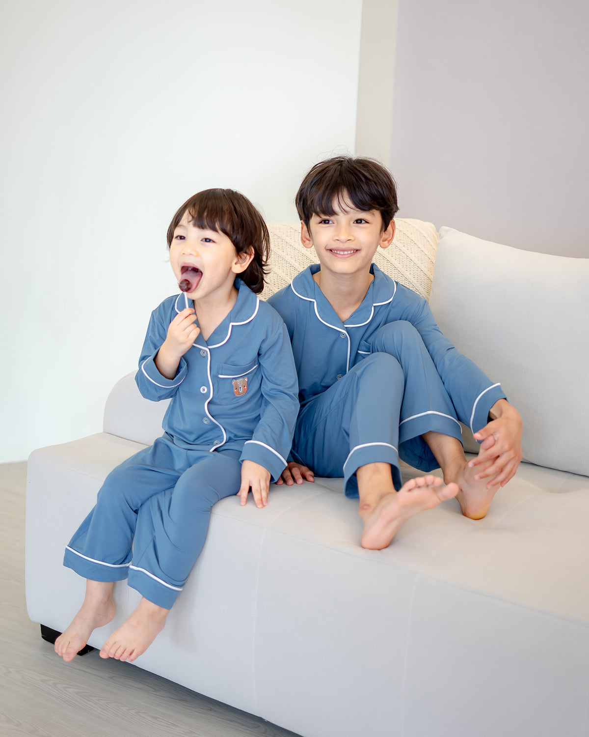 LEBEAR KIDS LUXE COMFORT PYJAMAS IN CORNFLOWER BLUE/WHITE TRIM