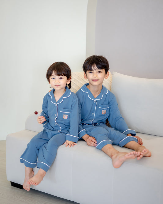 LEBEAR KIDS LUXE COMFORT PYJAMAS IN CORNFLOWER BLUE/WHITE TRIM