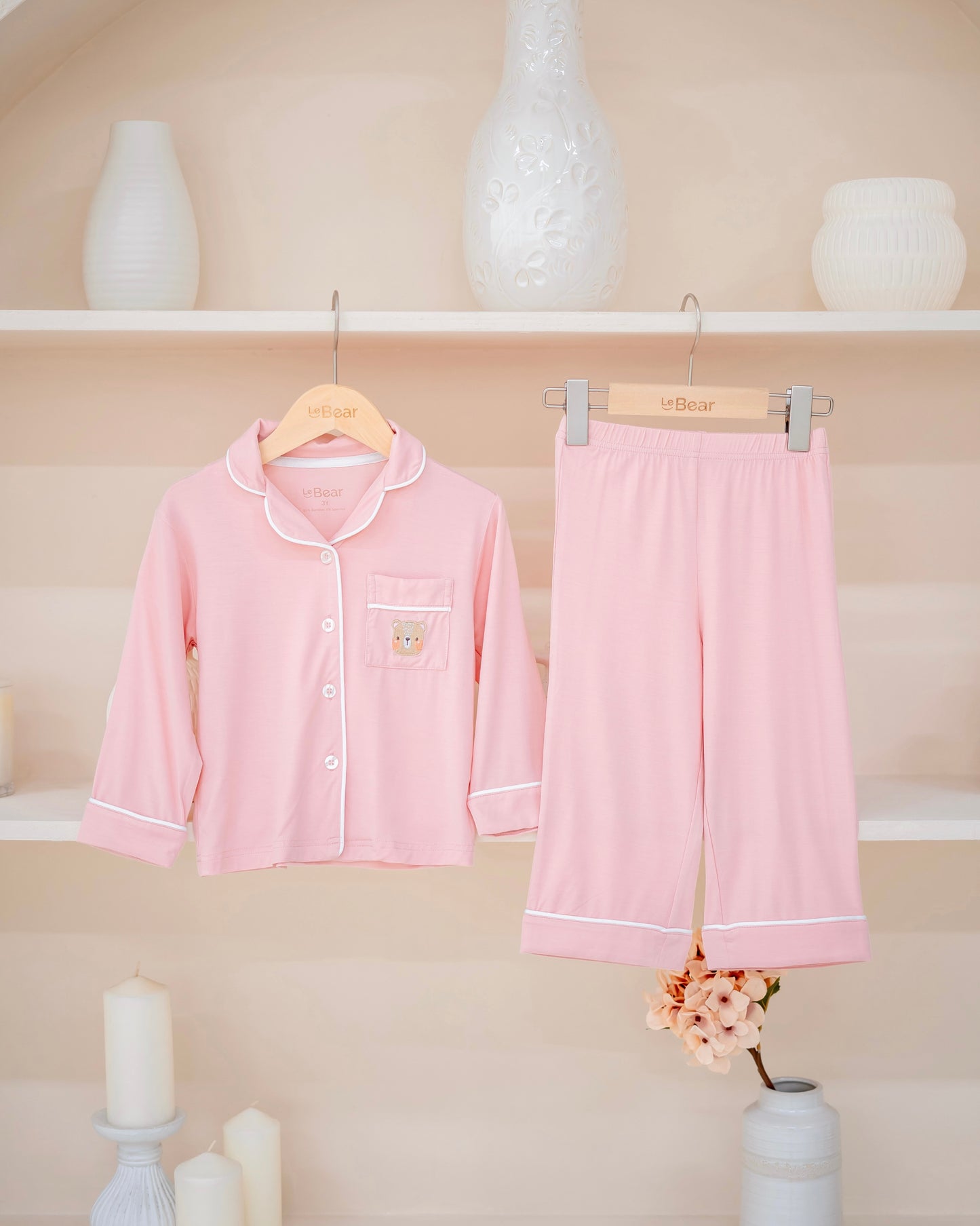 Soft pink bamboo kids pyjamas by Lebear, made with OEKO-TEX certified fabric for comfort