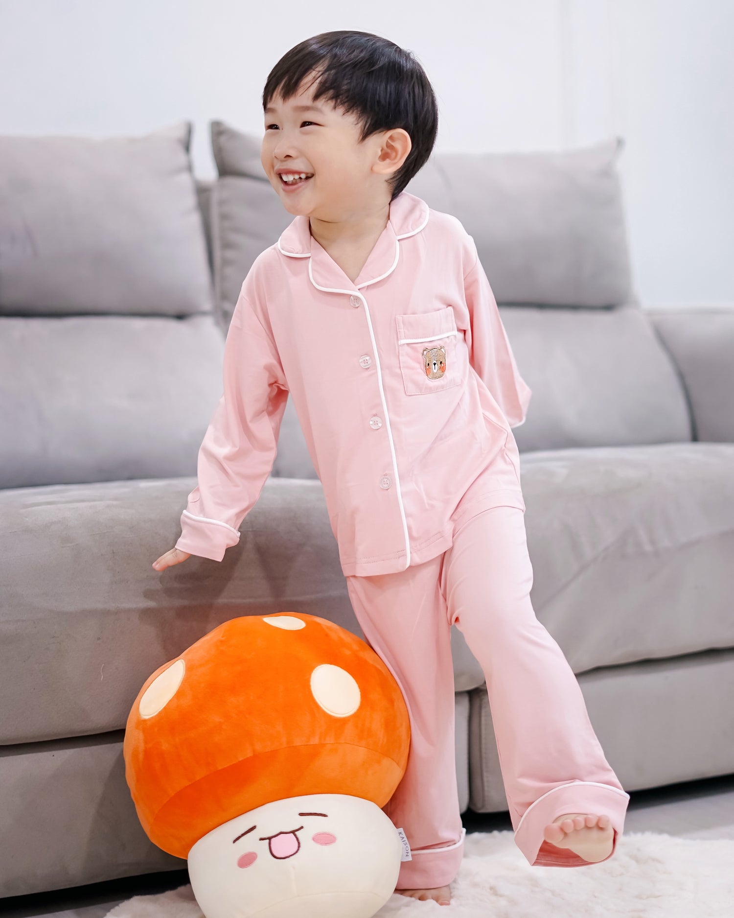 Soft pink bamboo kids pyjamas by Lebear, made with OEKO-TEX certified fabric for comfort