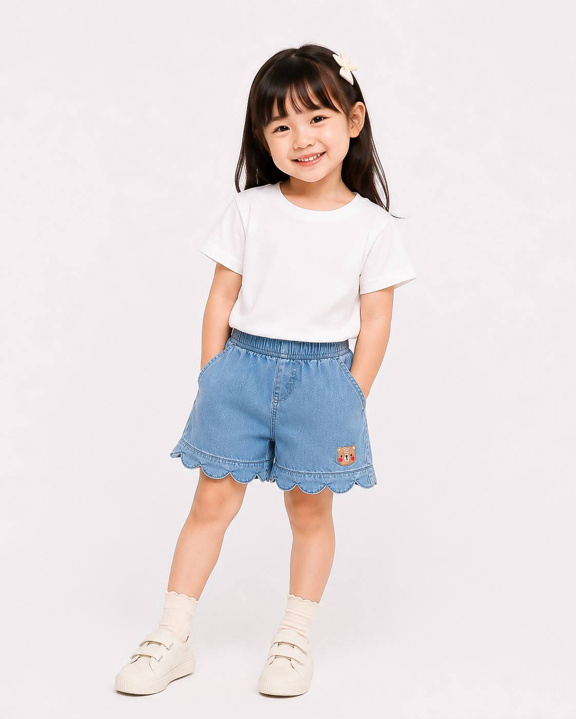 girl wearing Sweet Scallop Denim Shorts having professional photo shoot