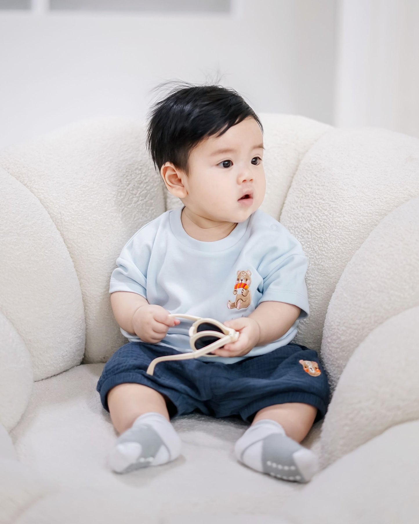 Sushi Bear Embroidery Top in Sky Blue