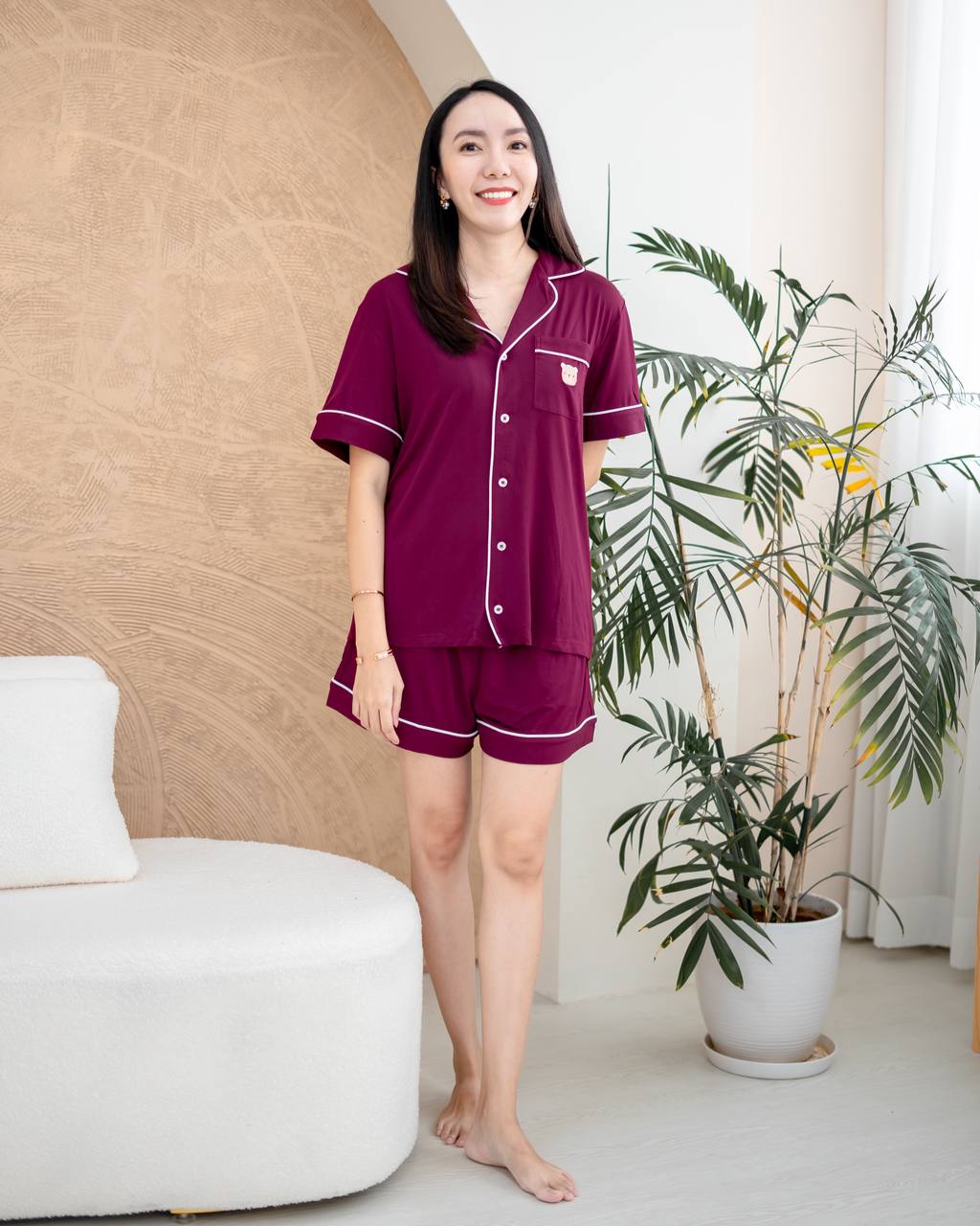 Ladies burgundy bamboo pyjama set crafted with OEKO-TEX® certified fabric, eco-friendly luxury sleepwear for comfort
