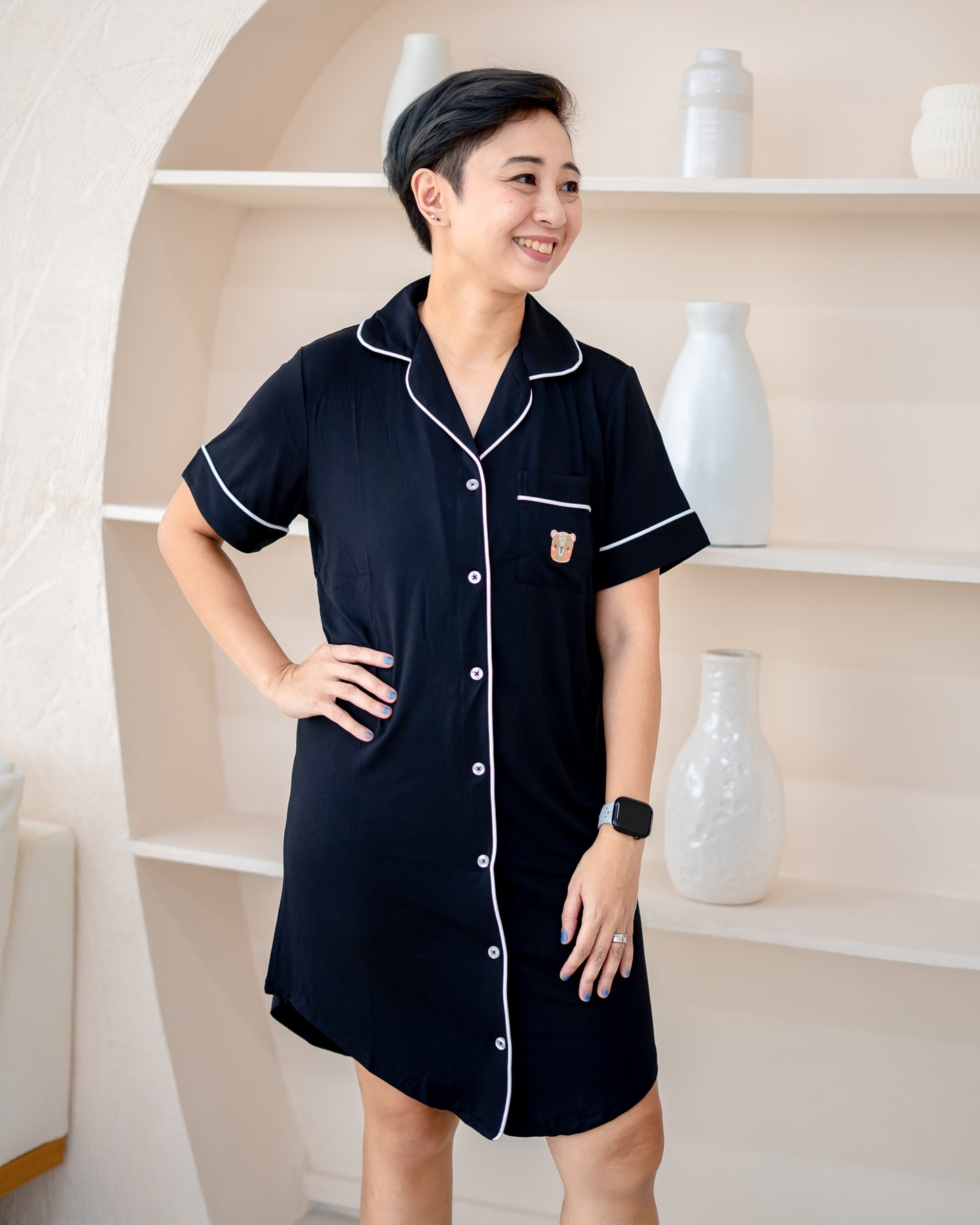 Adult Luxe Comfort Pyjamas Dress in black, crafted from OEKO-TEX® certified bamboo, breathable and soft nightwear