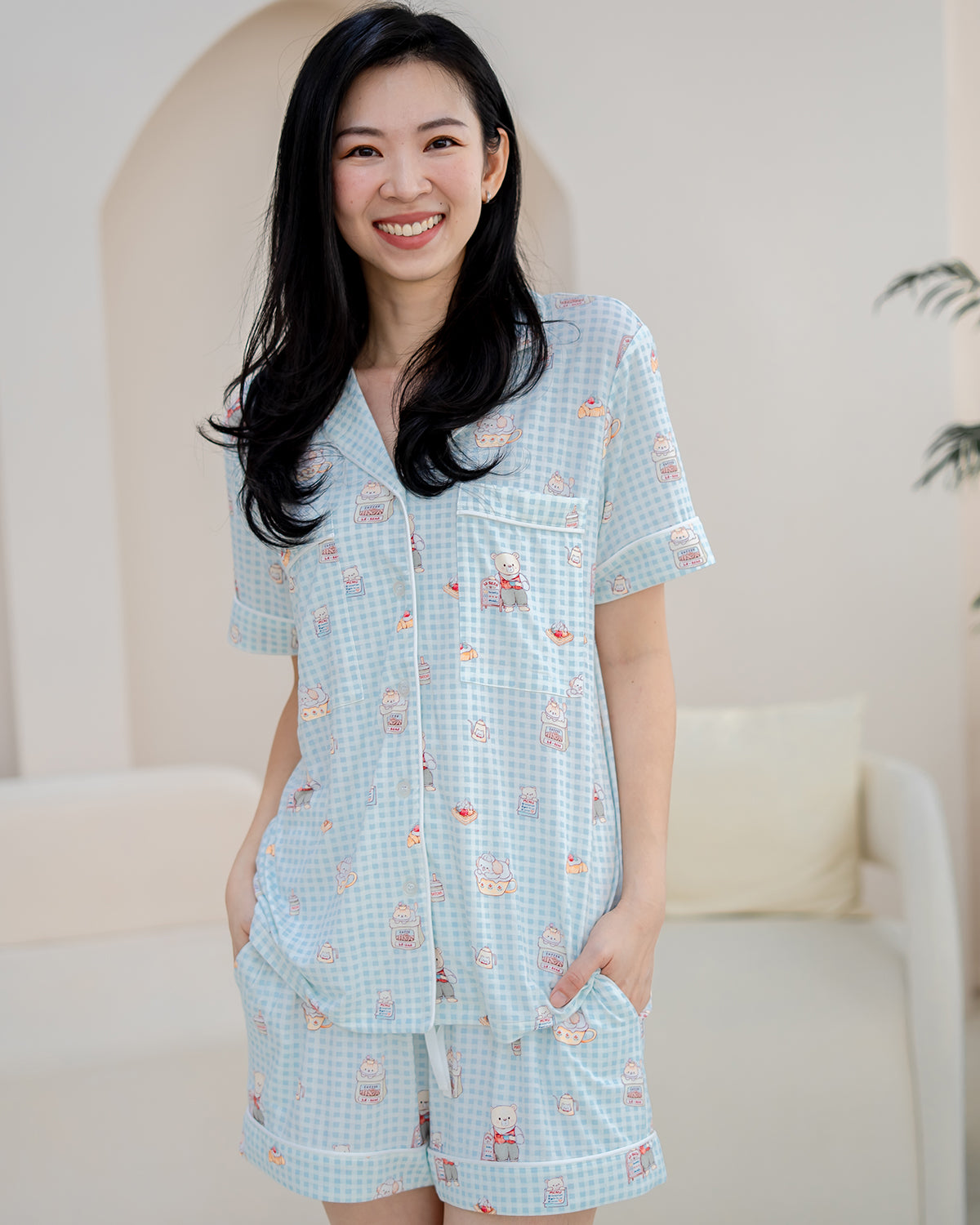 Lifestyle portrait of LeBear Bearista Bluebell bamboo pyjama set designed with a buttery-soft feel for everyday comfort.