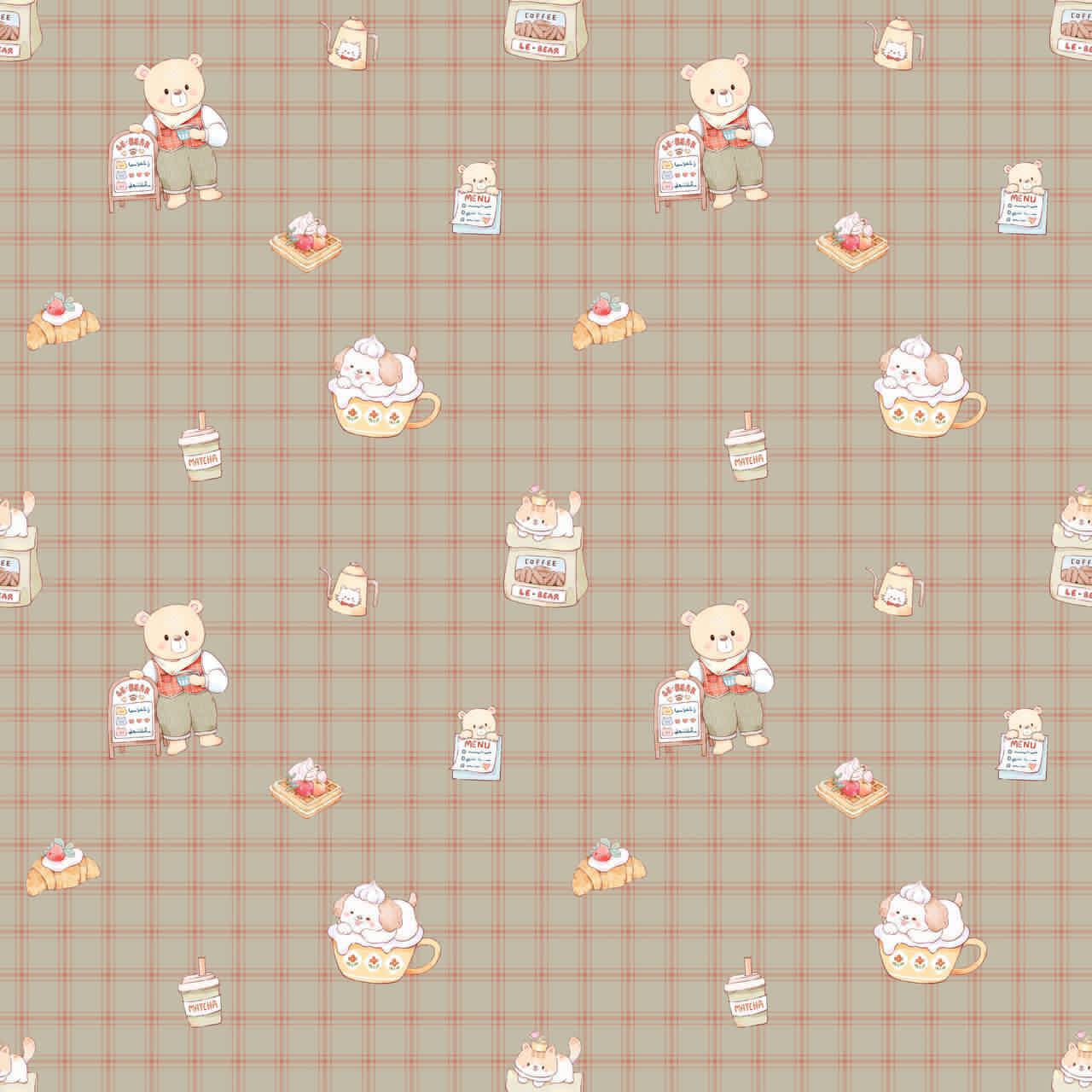 LeBear Bearista café print featuring teddy bears, pastries and coffee illustrations on a beige gingham background.