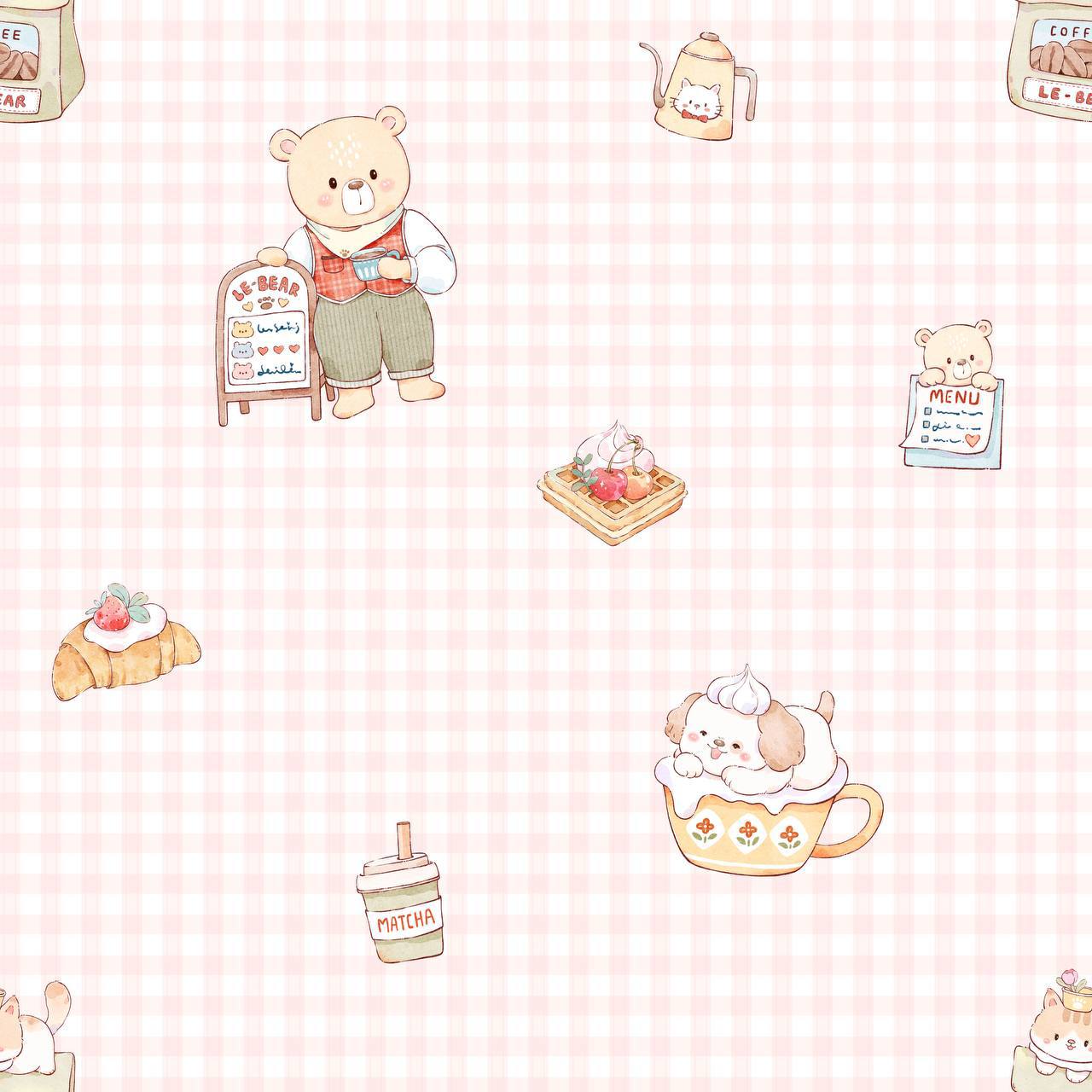 LeBear Bearista Pink Gingham print featuring café-inspired bears, pastries and gingham pattern on tencel fabric.