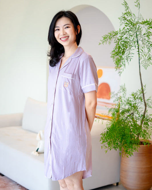 Front view of LeBear Fluffy Embroidery Pyjama Dress in lilac bamboo fabric with button-down design and chest embroidery – soft bamboo sleepwear by LeBear Singapore.