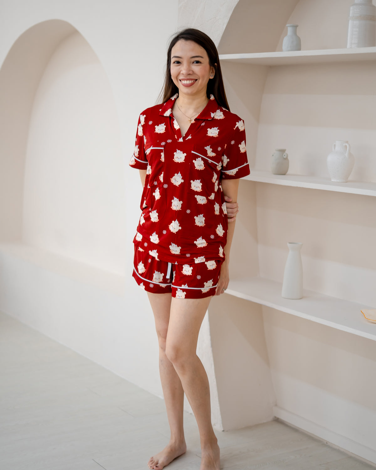 LeBear Little Dreamer buttonless adult bamboo Christmas pyjamas shorts set in Festive Red
