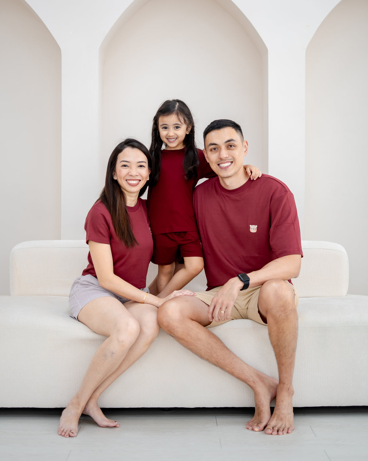 Matching family outfits featuring LeBear Men's TENCEL™ Oversize Tee in Maroon