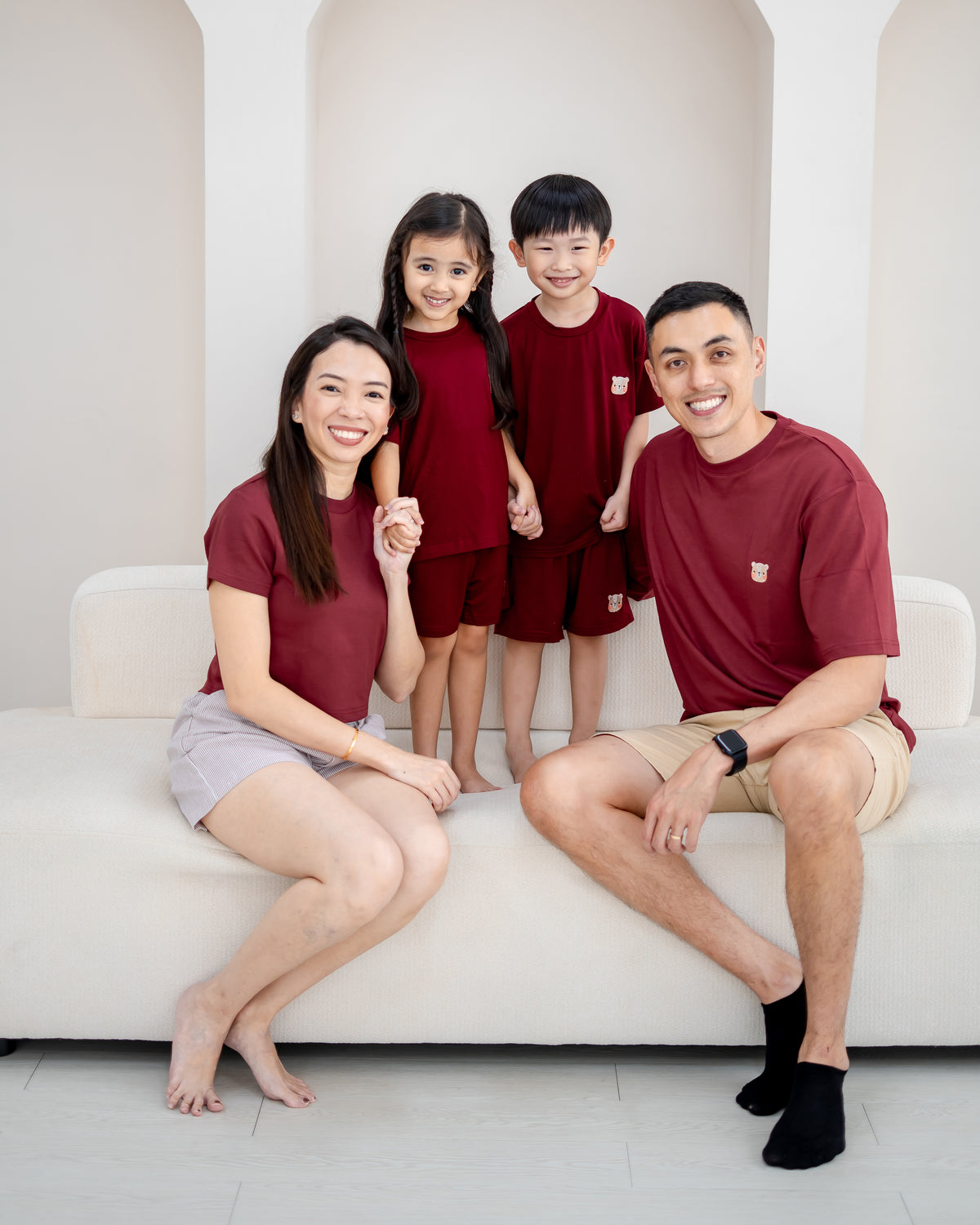 LeBear Men's TENCEL™ Oversize Tee in Maroon styled for a matching family look