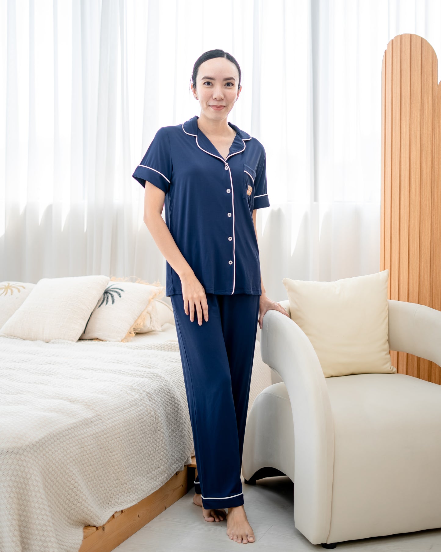 Front view of LeBear adult bamboo pyjamas set in navy with long pants, soft OEKO-TEX® certified fabric for women’s nightwear