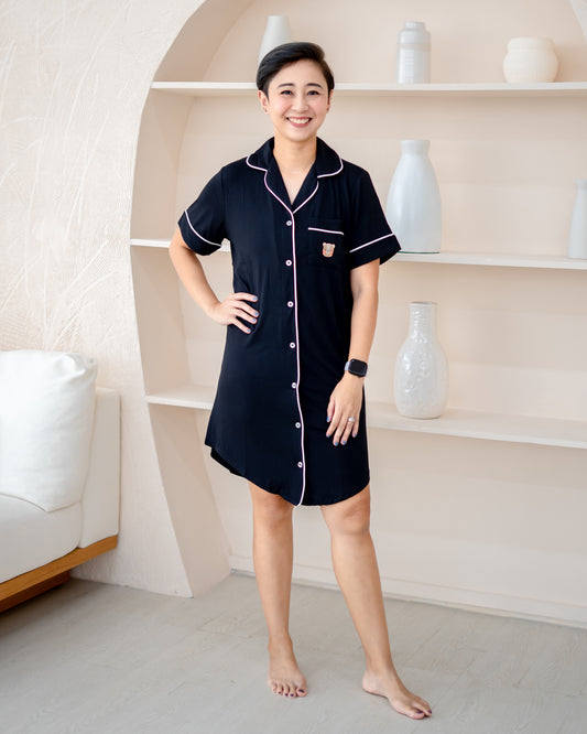 Front view of LeBear adult bamboo pyjamas dress in black, OEKO-TEX® certified, luxury breathable women’s sleepwear