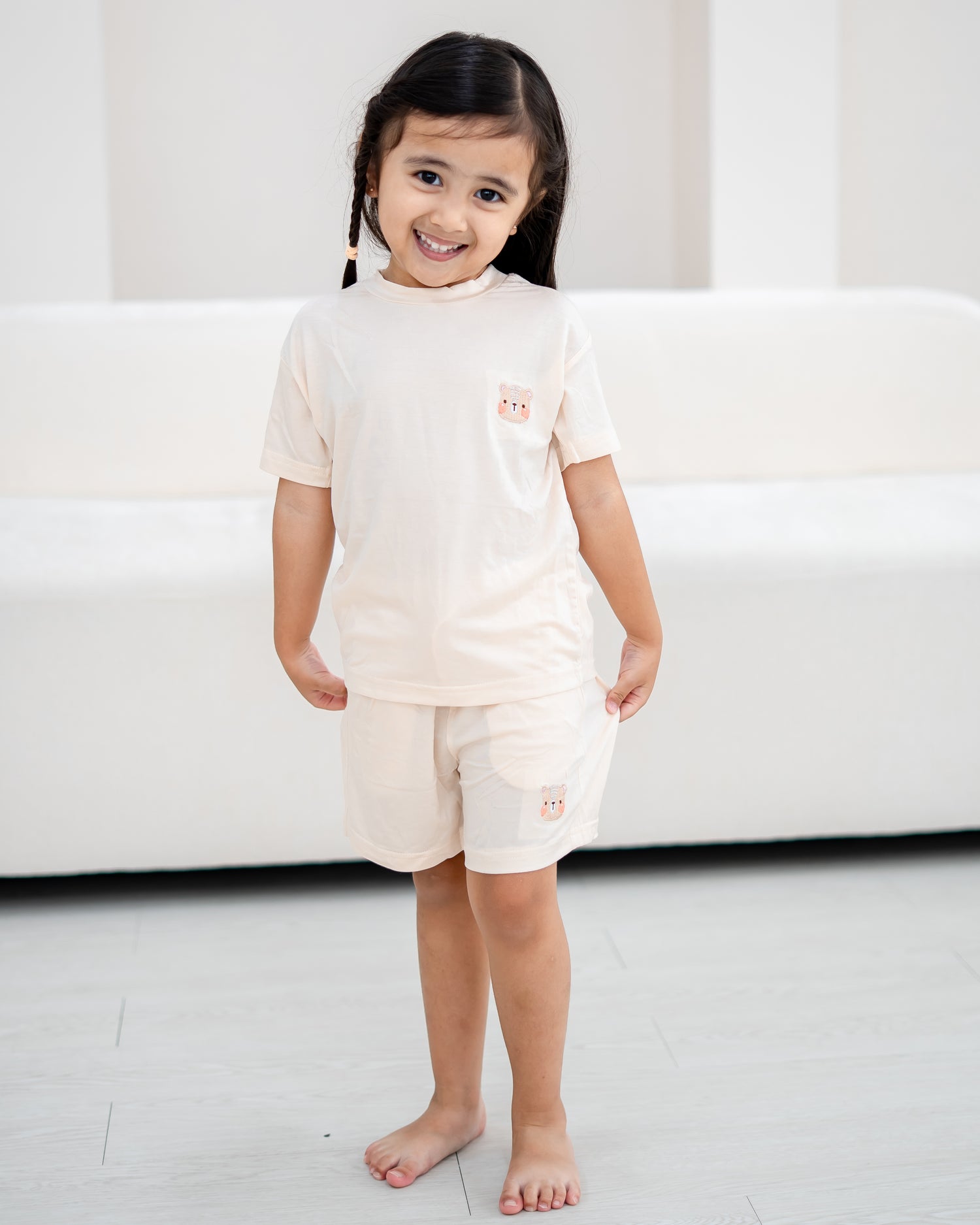 LeBear TENCEL™ kids lounge set cream full set girl soft breathable premium kids pyjamas Singapore neutral sleepwear