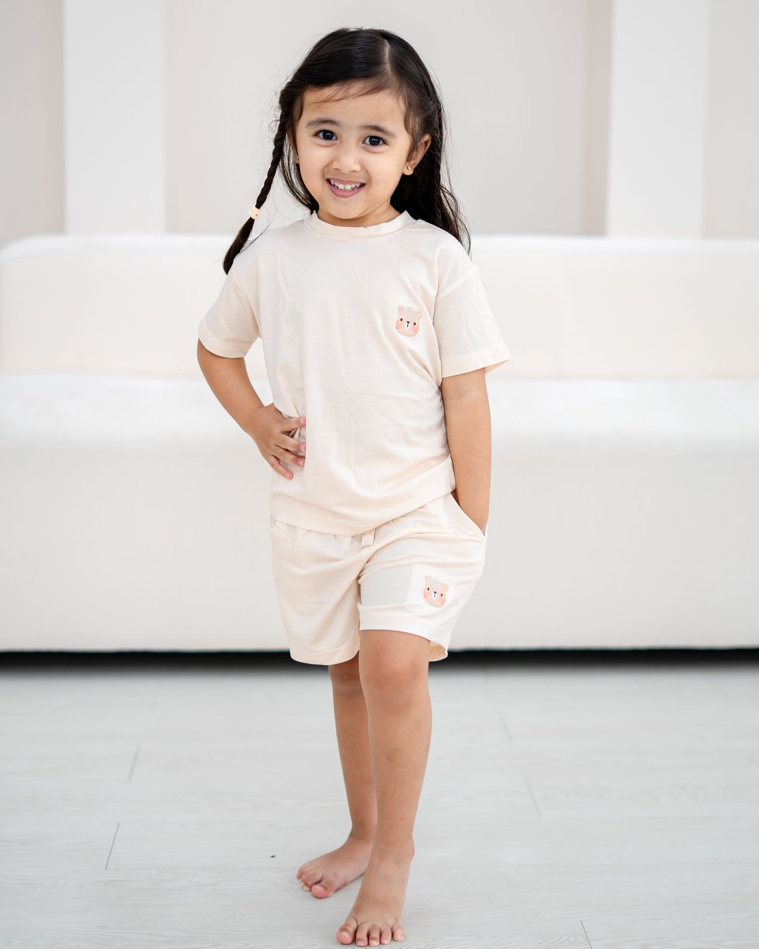 LeBear TENCEL™ kids lounge set cream lifestyle girl soft breathable comfortable kids sleepwear neutral pastel outfit Singapore