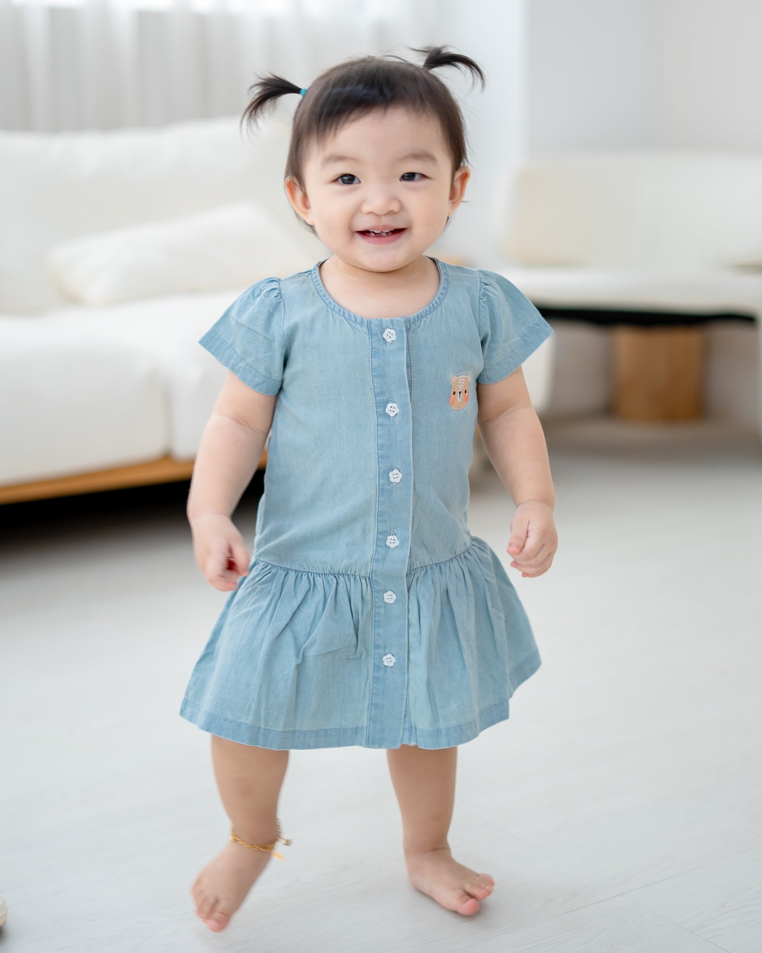 Toddler girl wearing LeBear soft light blue denim dress in Singapore
