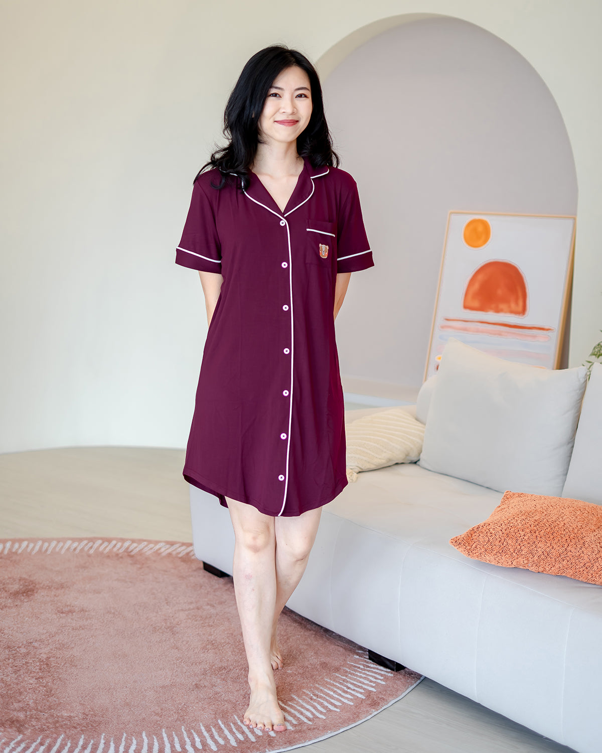 Woman wearing LeBear Wine Bamboo Pyjamas Dress made from OEKO-TEX certified 95% bamboo and 5% spandex, soft and breathable