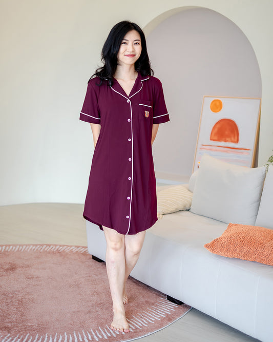 Woman wearing LeBear Wine Bamboo Pyjamas Dress made from OEKO-TEX certified 95% bamboo and 5% spandex, soft and breathable