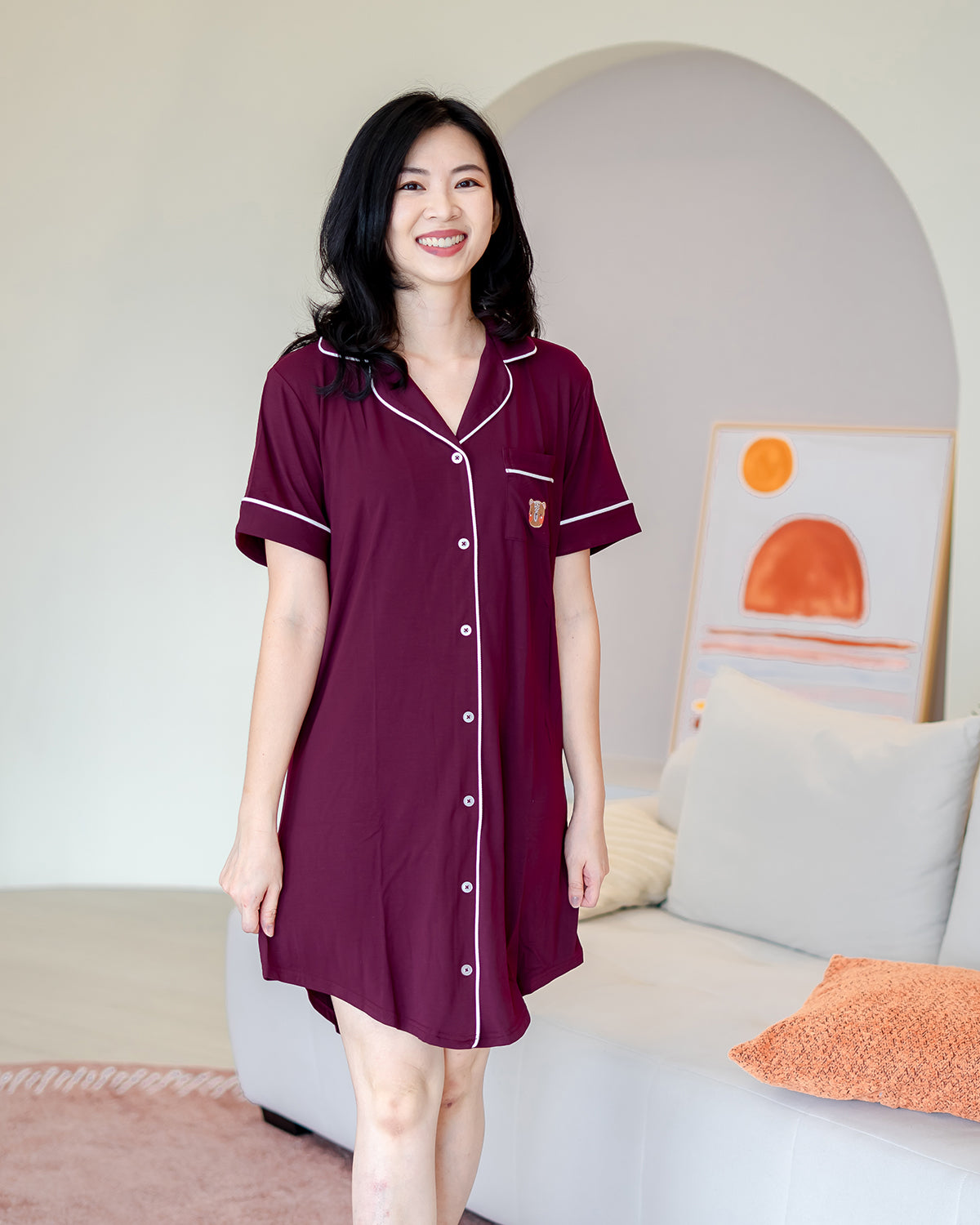 LeBear women’s short sleeve bamboo pyjamas dress in wine red with contrast piping and tagless comfort design