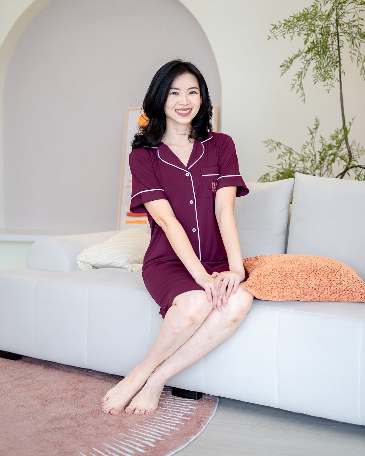 LeBear Wine Bamboo Pyjamas Dress with button-down front and chest pocket featuring bear embroidery