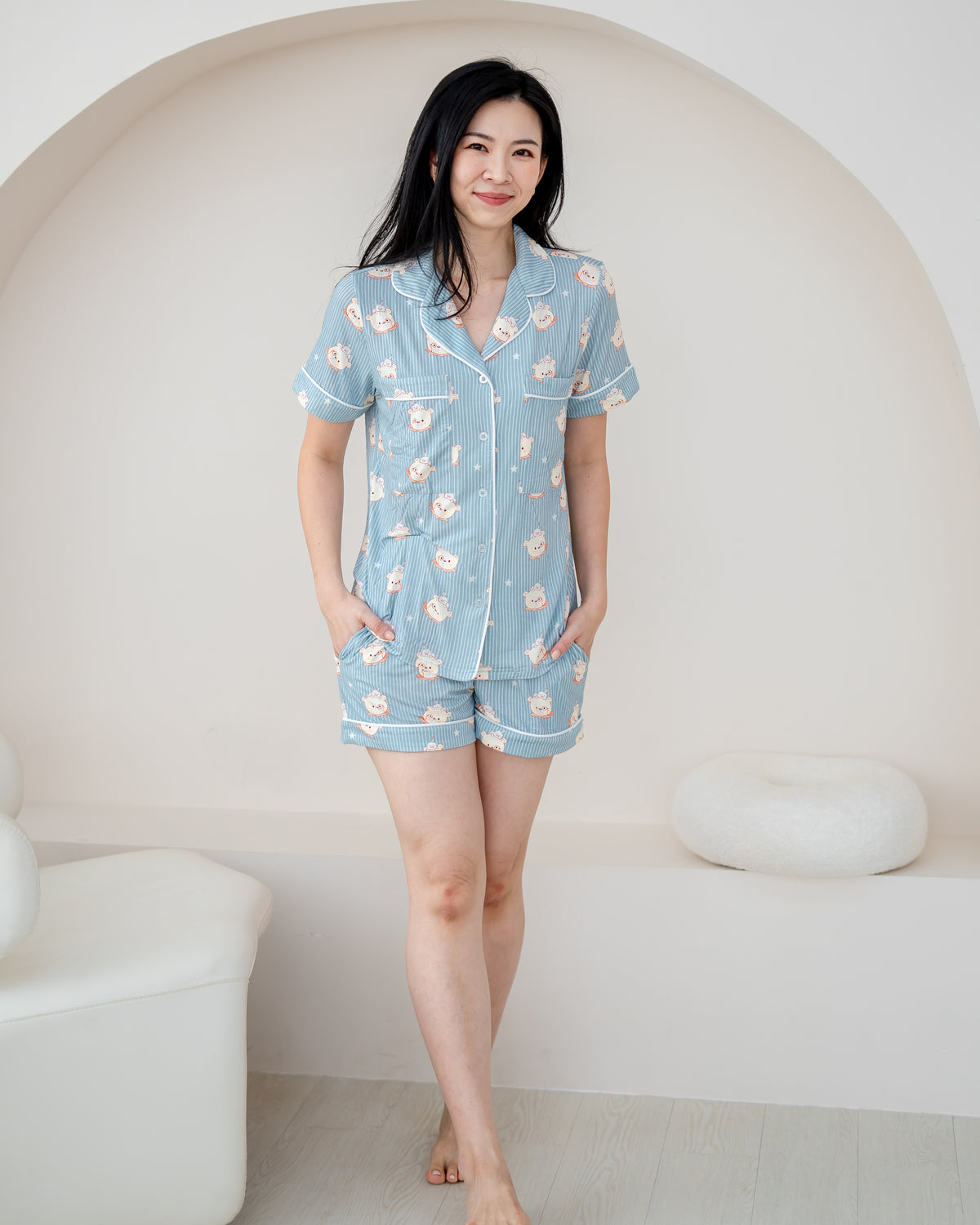 Front view of Little Dreamer adult bamboo pyjamas shorts set in aqua blue