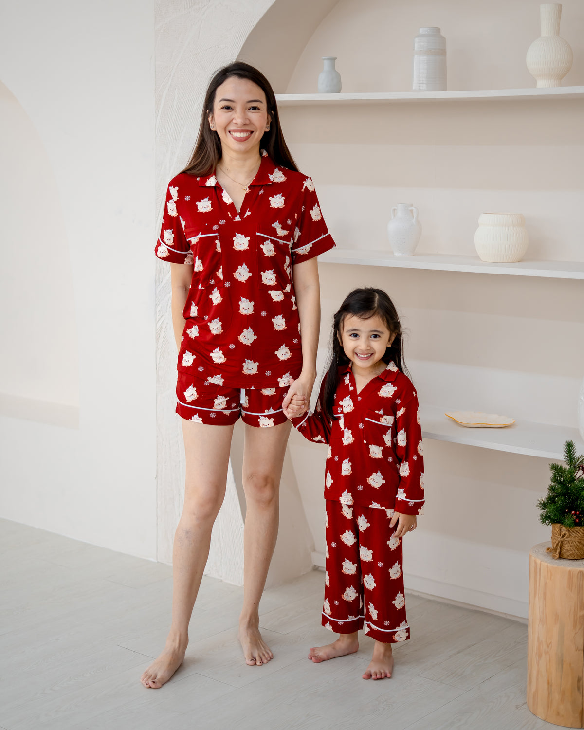 Little Dreamer kids buttonless bamboo pyjamas in red with matching adult pyjamas