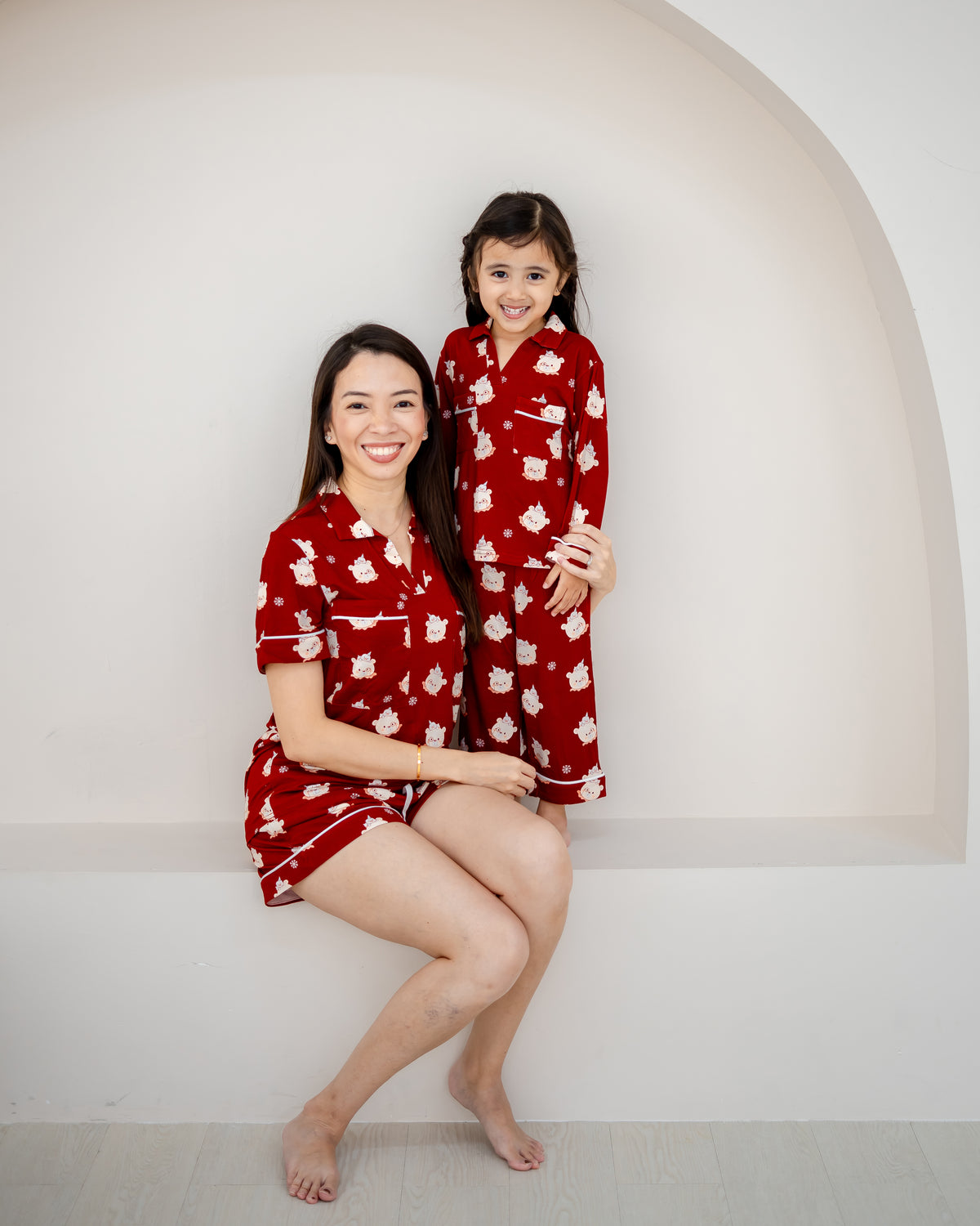 Little Dreamer kids buttonless bamboo pyjamas pants set in red with matching adult style