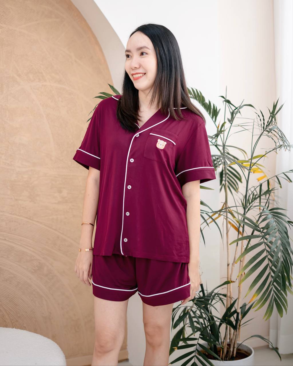 Ladies burgundy bamboo pyjama set crafted with OEKO-TEX® certified fabric, eco-friendly luxury sleepwear for comfort