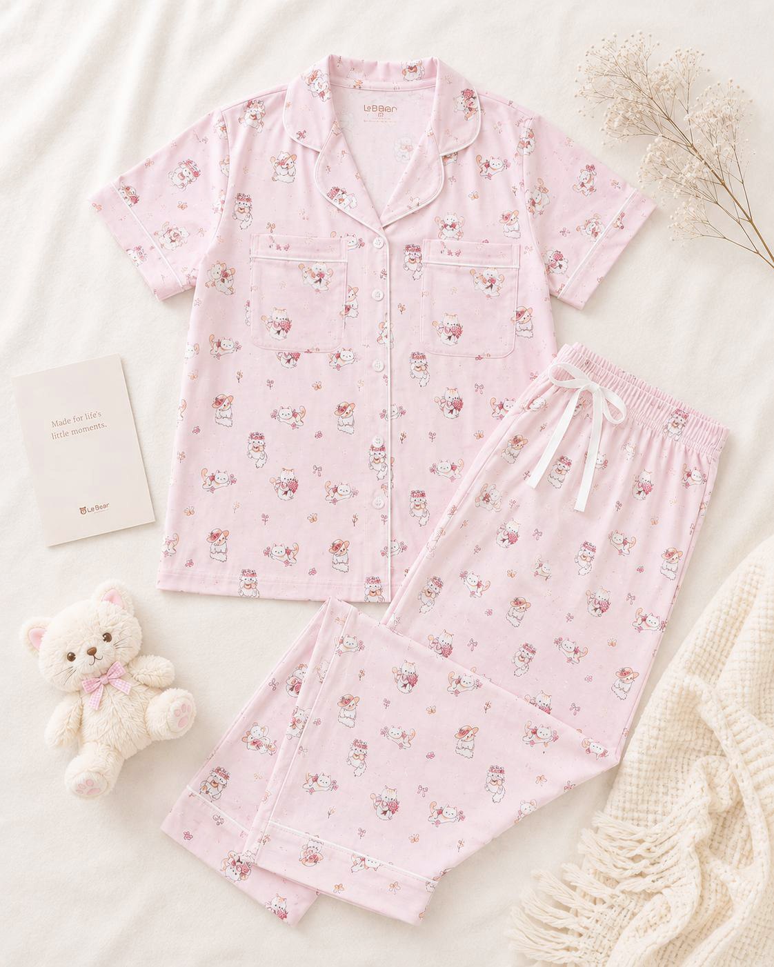 LEBEAR X CHERIE ADULT BAMBOO PYJAMAS PETITE PANTS SET (PINK PETAL PAWS)
