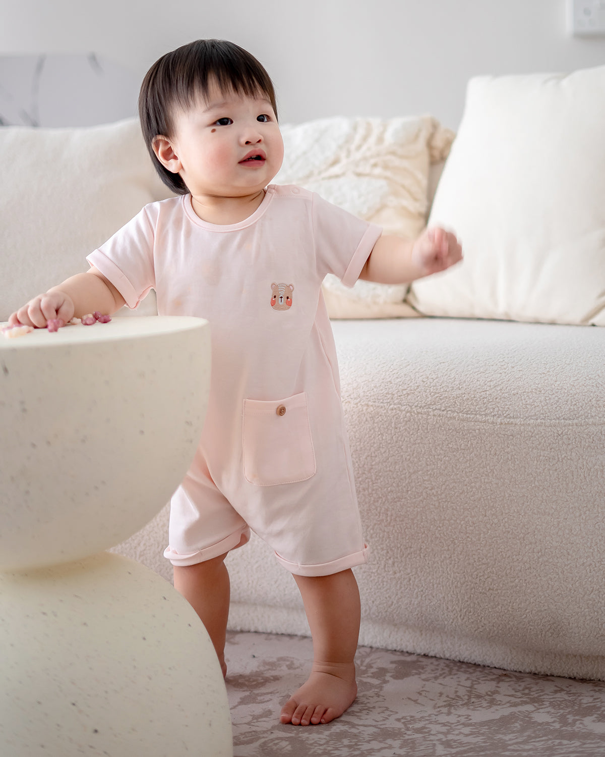 LEBEAR SIGNATURE EMBROIDERY ONESIE IN SOFT PINK