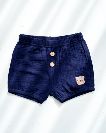 LEBEAR EMBROIDERY PUMPKIN SHORTS IN NAVY BLUE