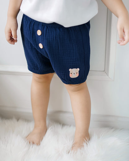 LEBEAR EMBROIDERY PUMPKIN SHORTS IN NAVY BLUE