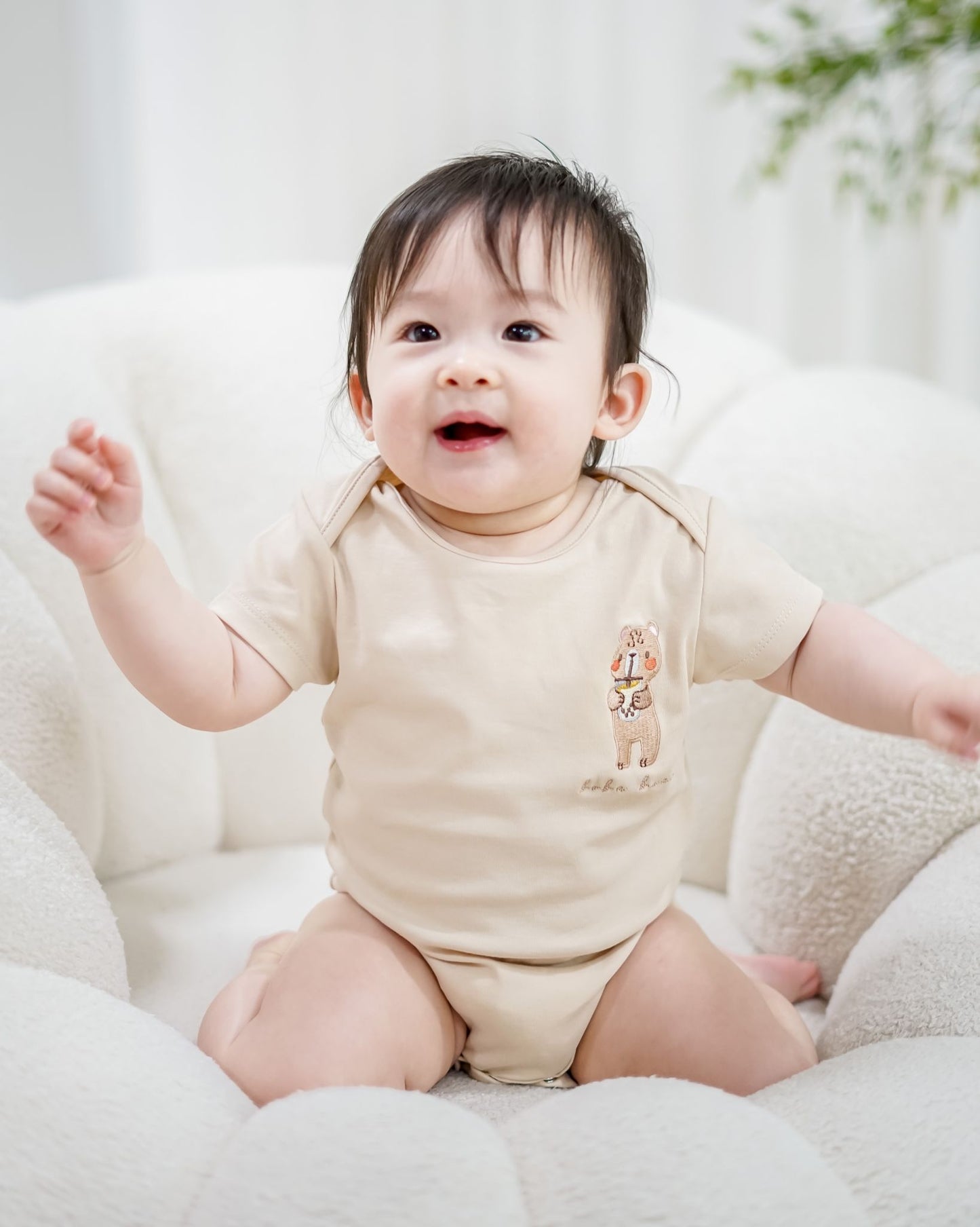 Boba Bear Embroidery Onesie in Beige