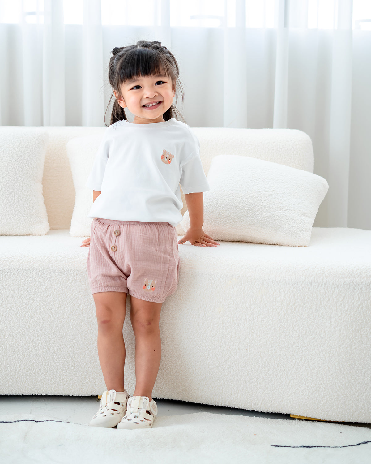 LEBEAR EMBROIDERY PUMPKIN SHORTS IN MUTED PINK