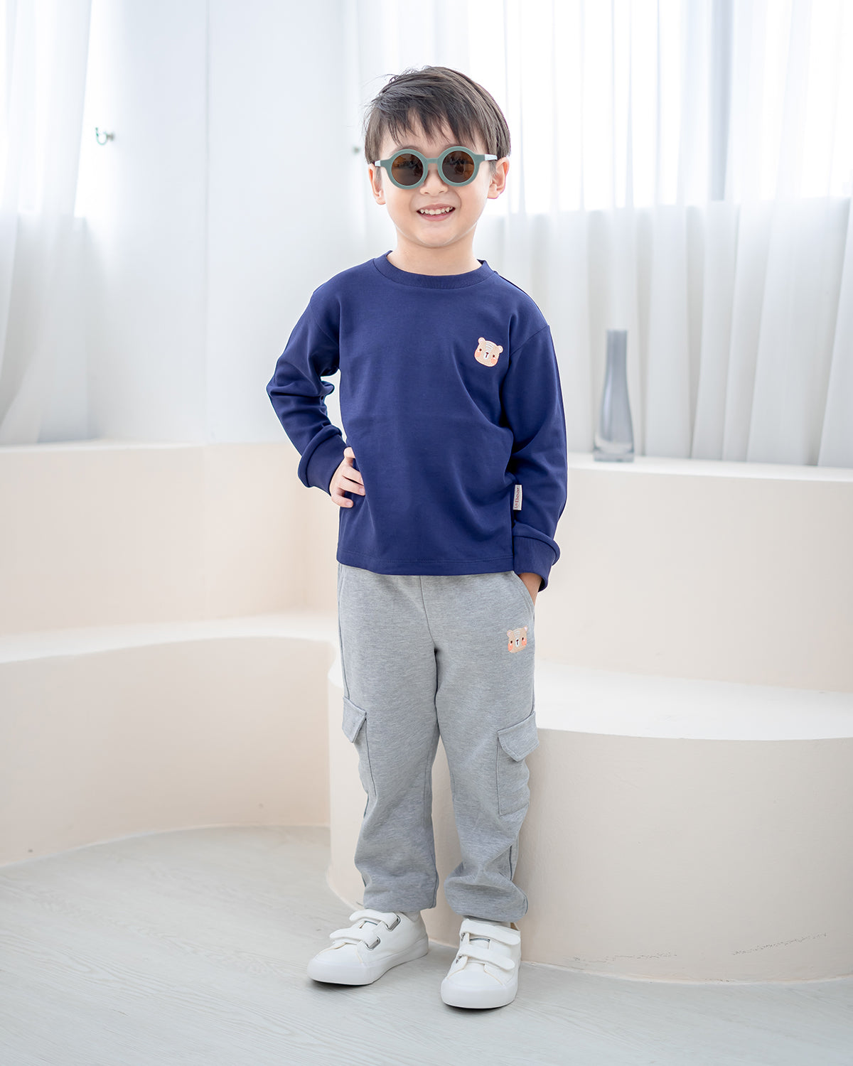 LEBEAR SIGNATURE EMBROIDERY LONG SLEEVE TEE IN DEEP SEA NAVY