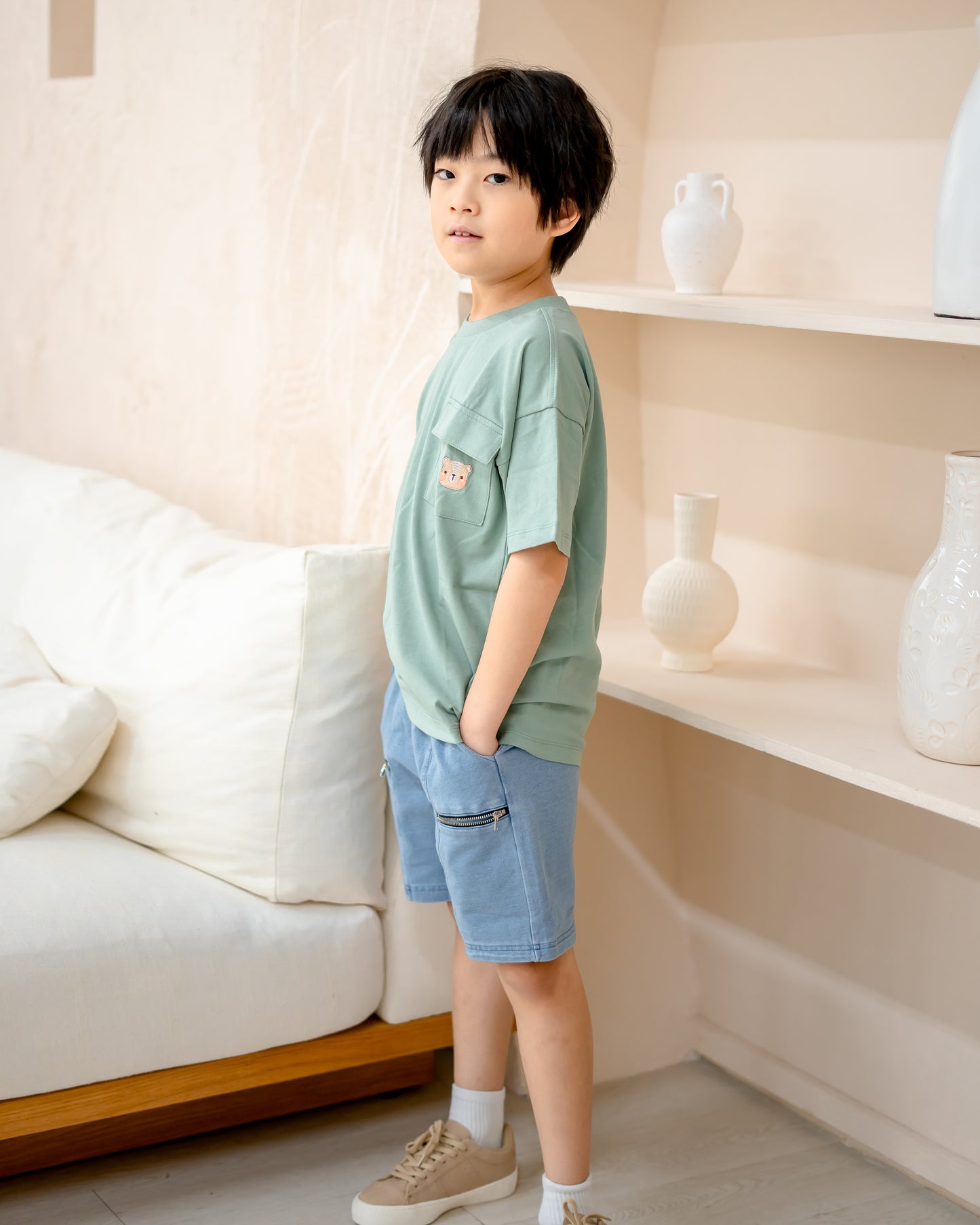 LEBEAR KIDS OVERSIZED POCKET TEE IN TEA GREEN