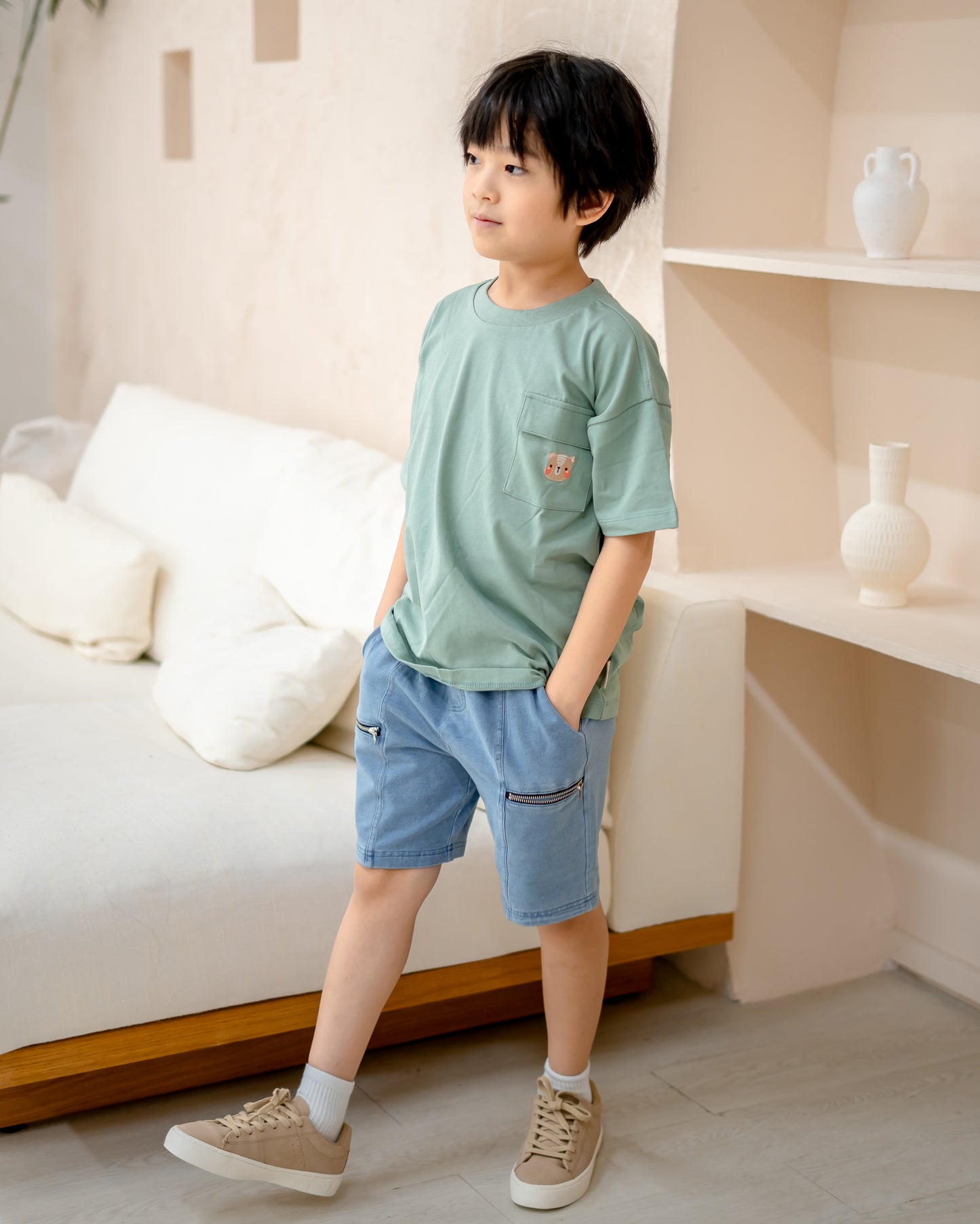 LEBEAR KIDS OVERSIZED POCKET TEE IN TEA GREEN
