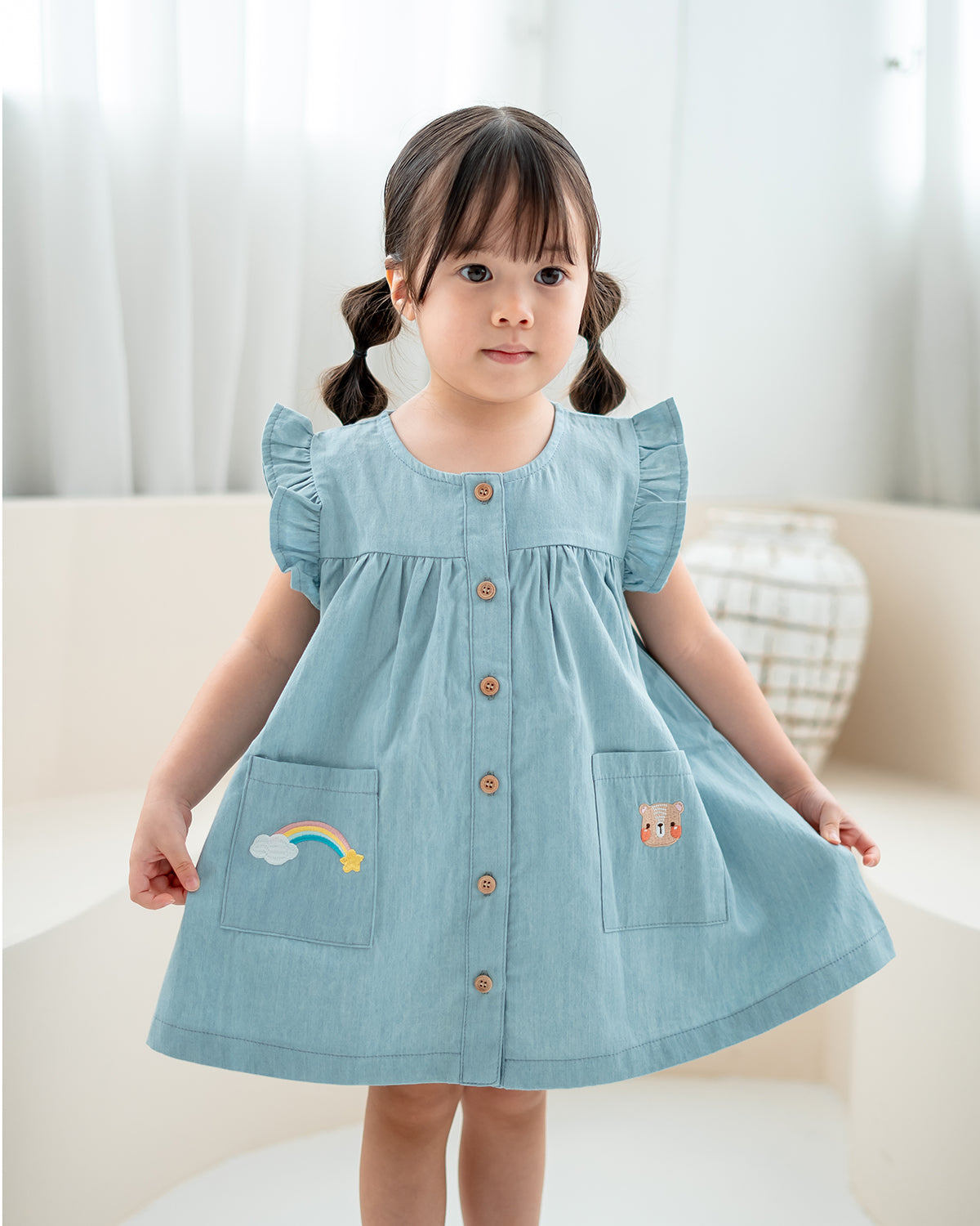 LEBEAR DENIM RUFFLE RAINBOW DRESS
