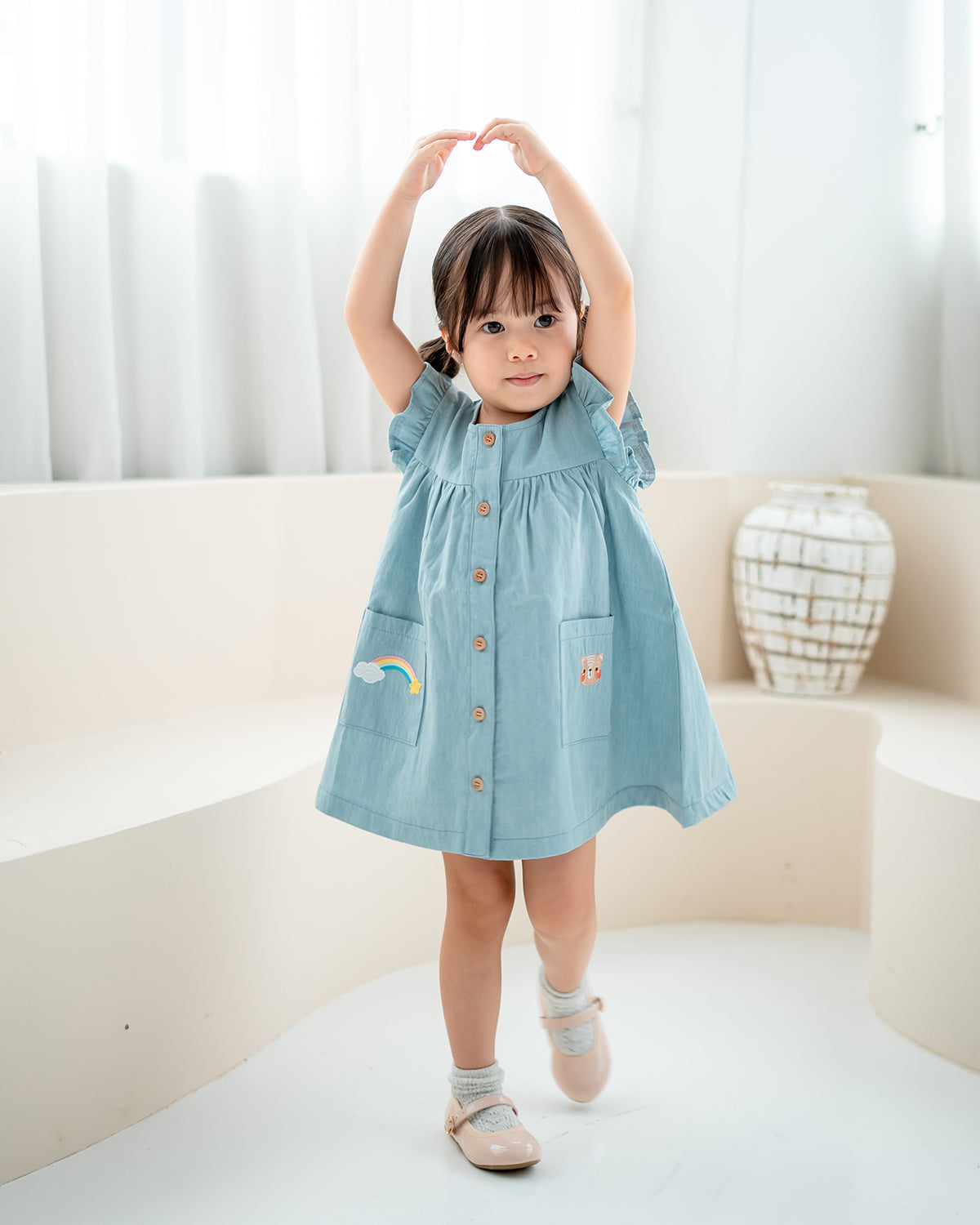 LEBEAR DENIM RUFFLE RAINBOW DRESS