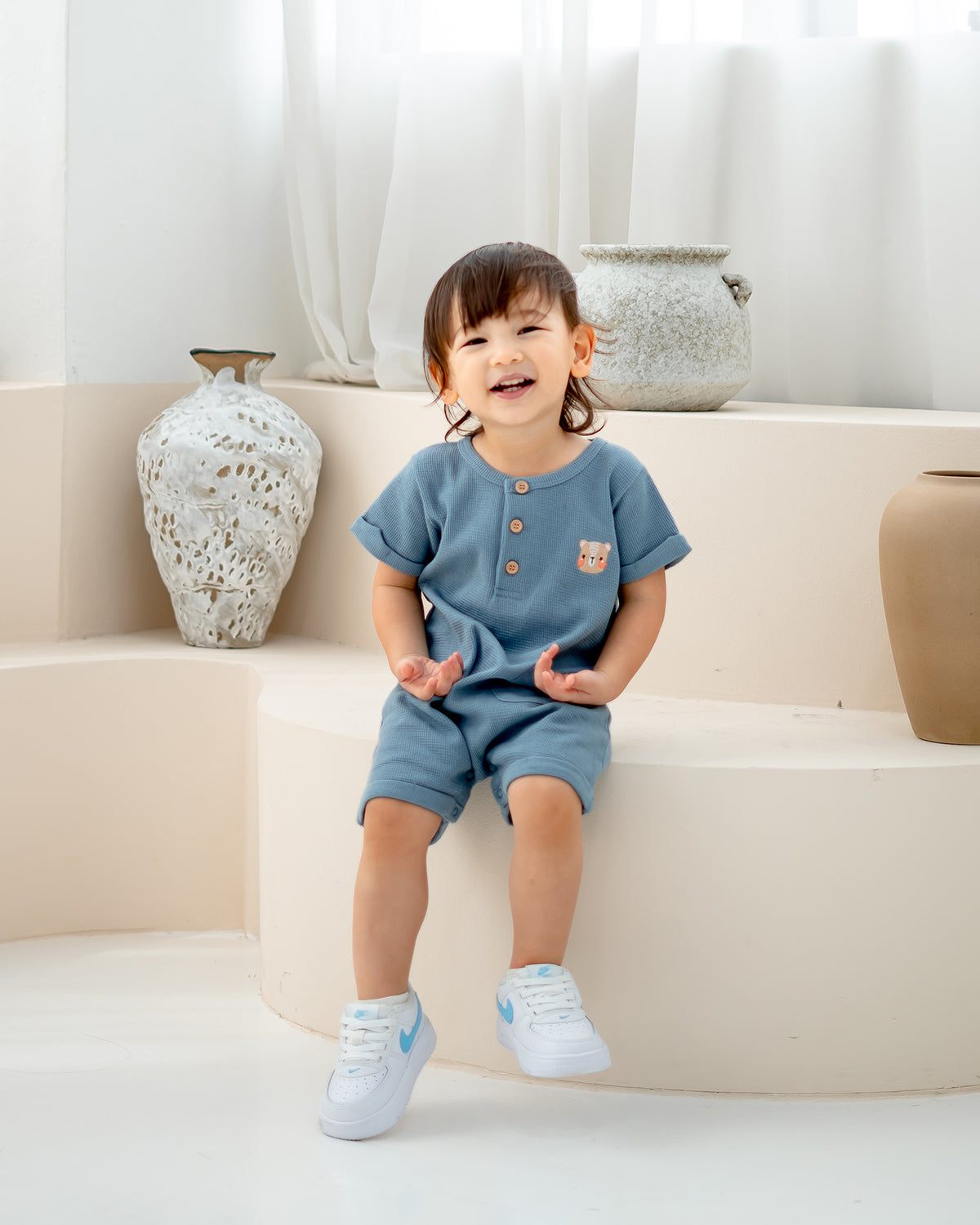 HELLO WAFFLE ONESIE IN STEEL BLUE