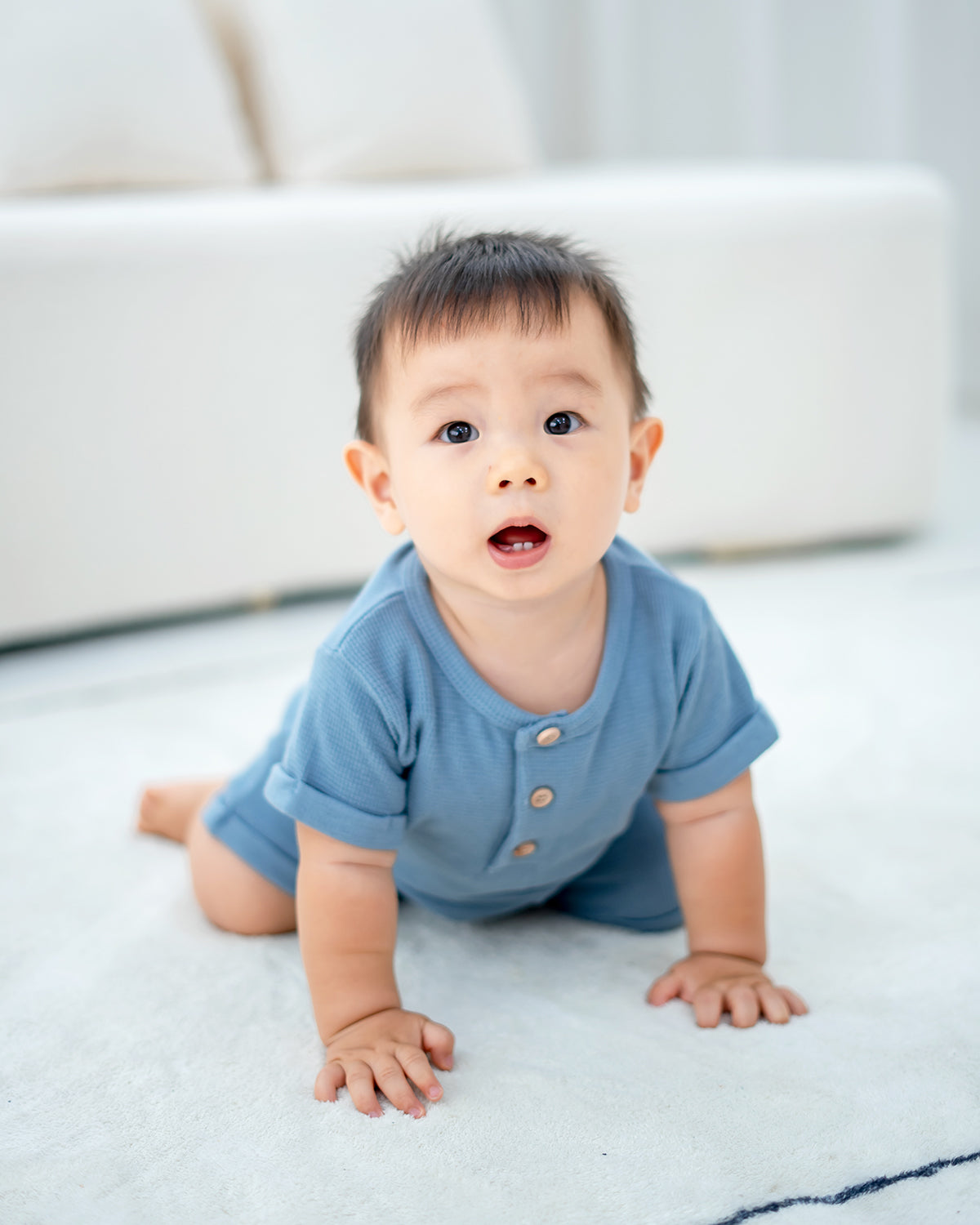 HELLO WAFFLE ONESIE IN STEEL BLUE