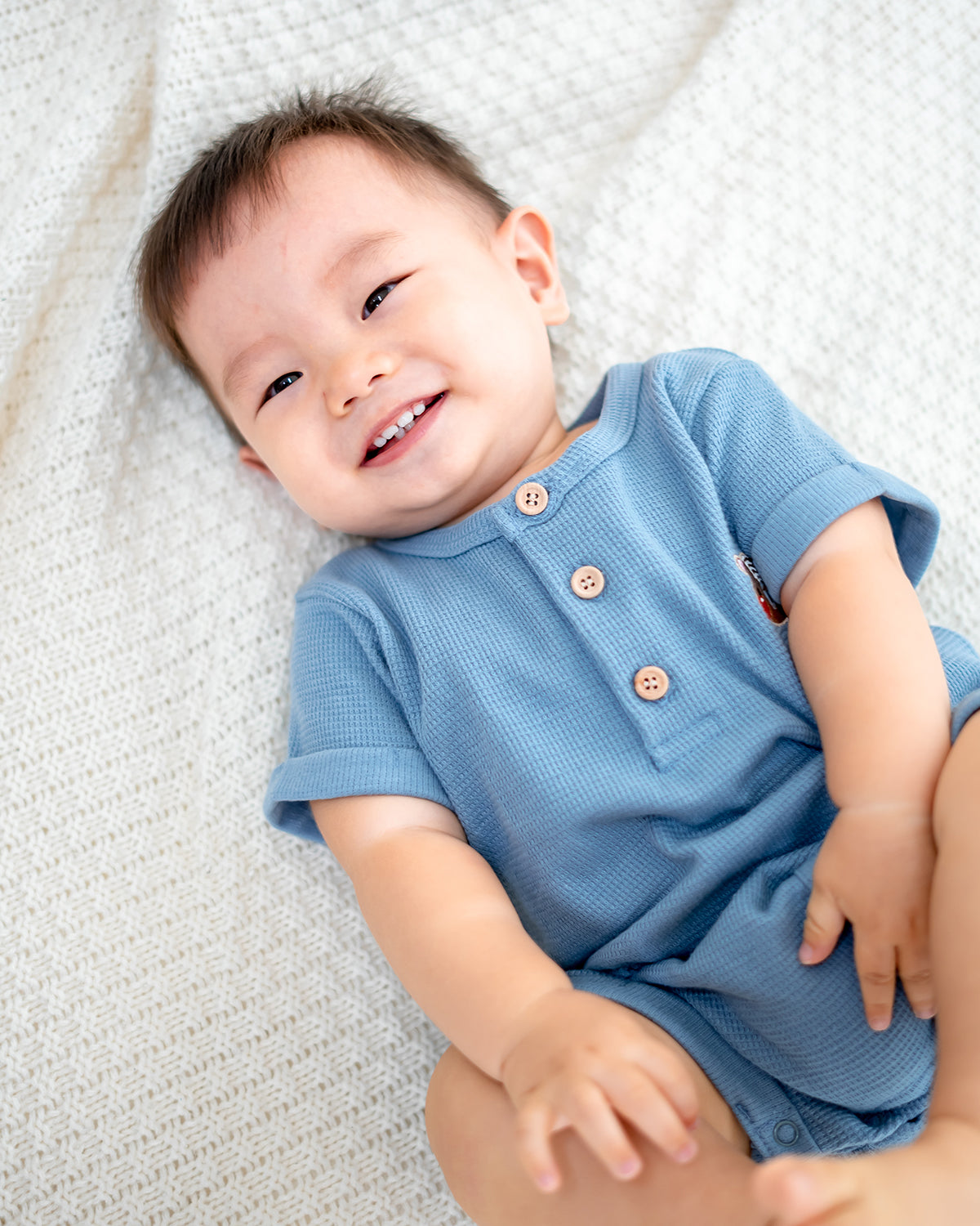 HELLO WAFFLE ONESIE IN STEEL BLUE