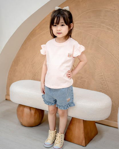 Kids blush pink Odell cotton t-shirt with ruffle sleeves paired with denim shorts, cute breathable outfit for girls