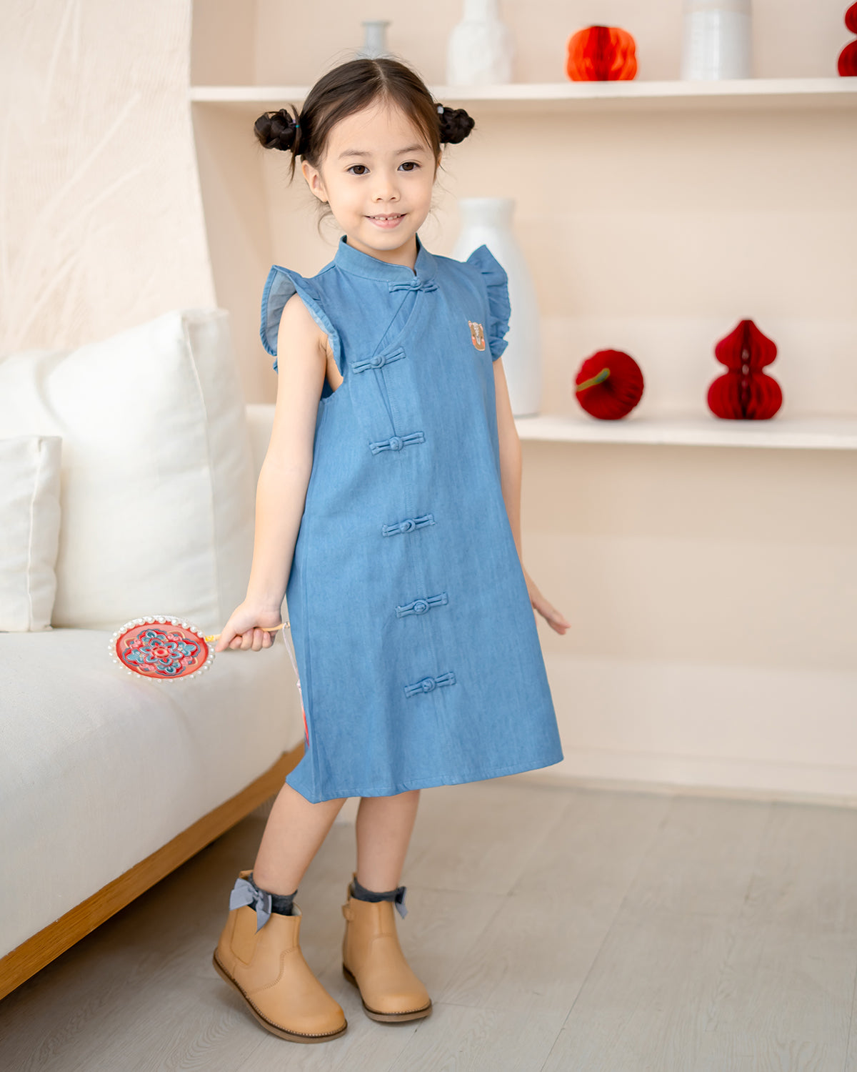 Front full-body view of girl in Denim Serenity Cheongsam
