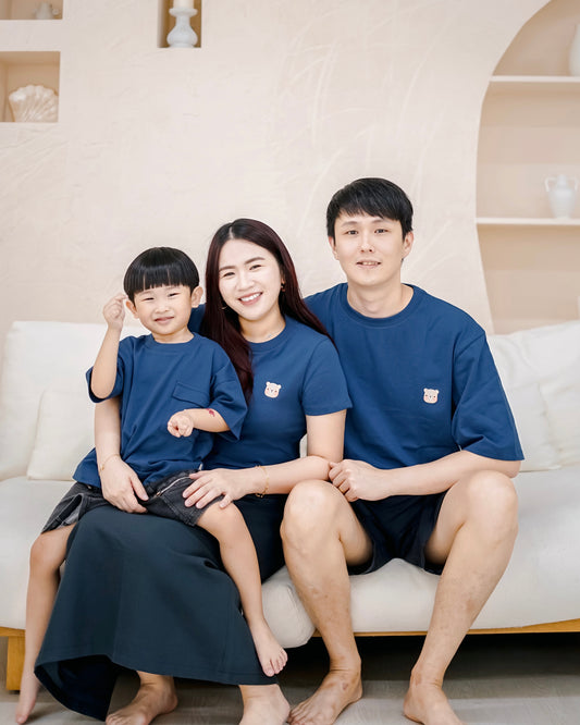 Coordinated family outfit with Odell cotton oversize tees in royal blue, comfortable matching wear for adults and kids