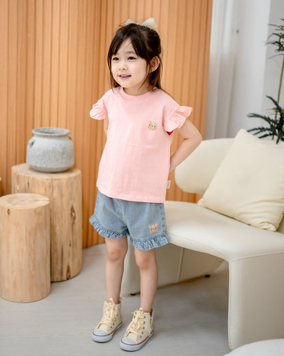 Kids pink Odell cotton tee with ruffle sleeves and denim shorts, cute and breathable outfit for girls.